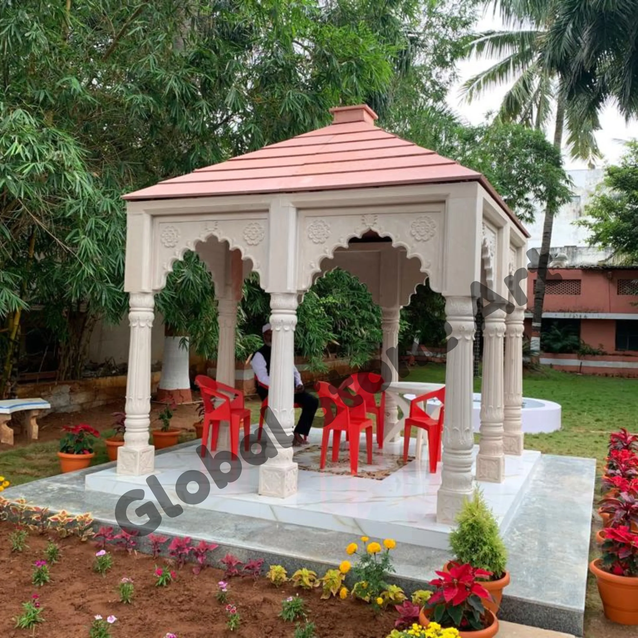 White Marble 6 Pillar Arched Garden Gazebo