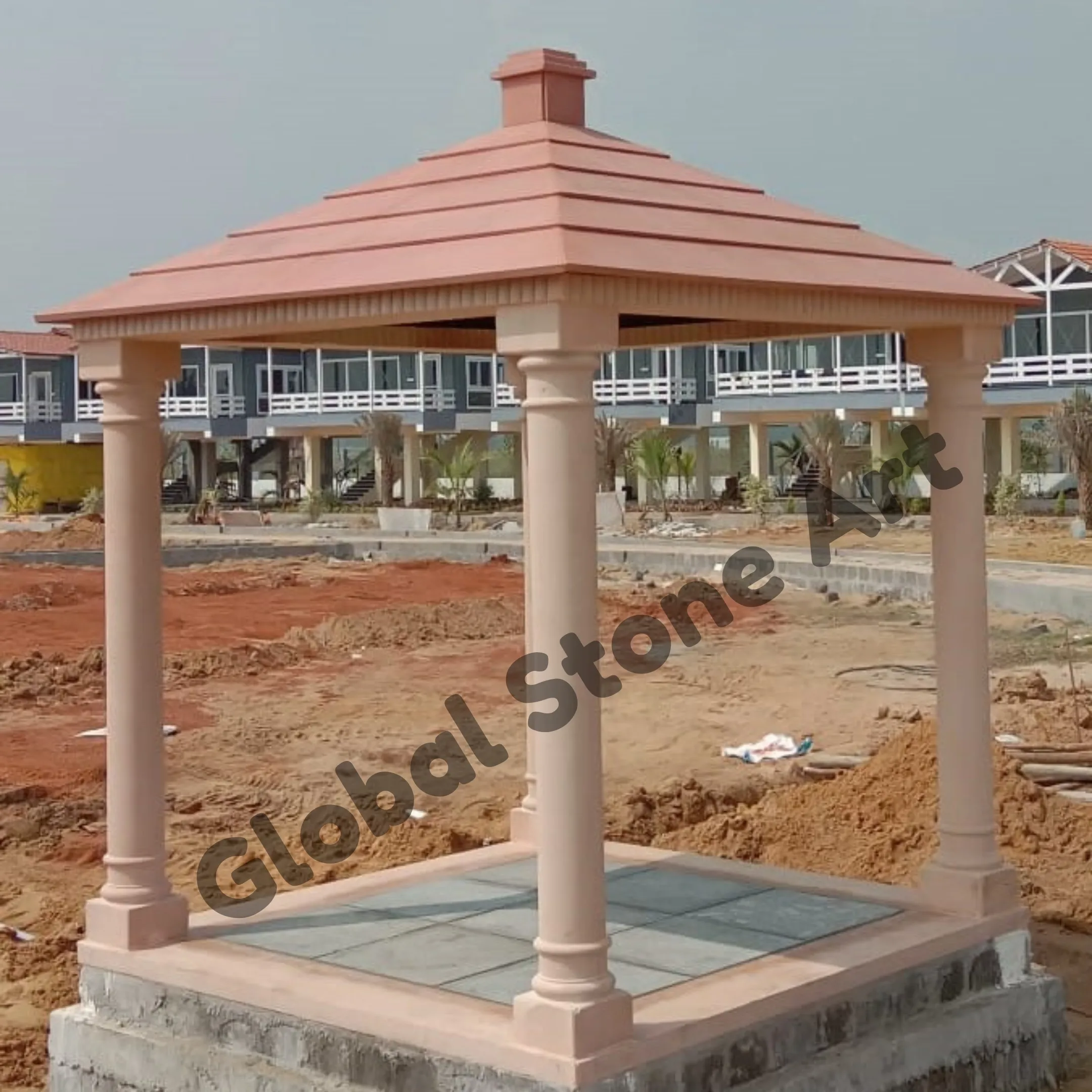 4 Pillar Pink Sandstone Gazebo with Pyramid Roof