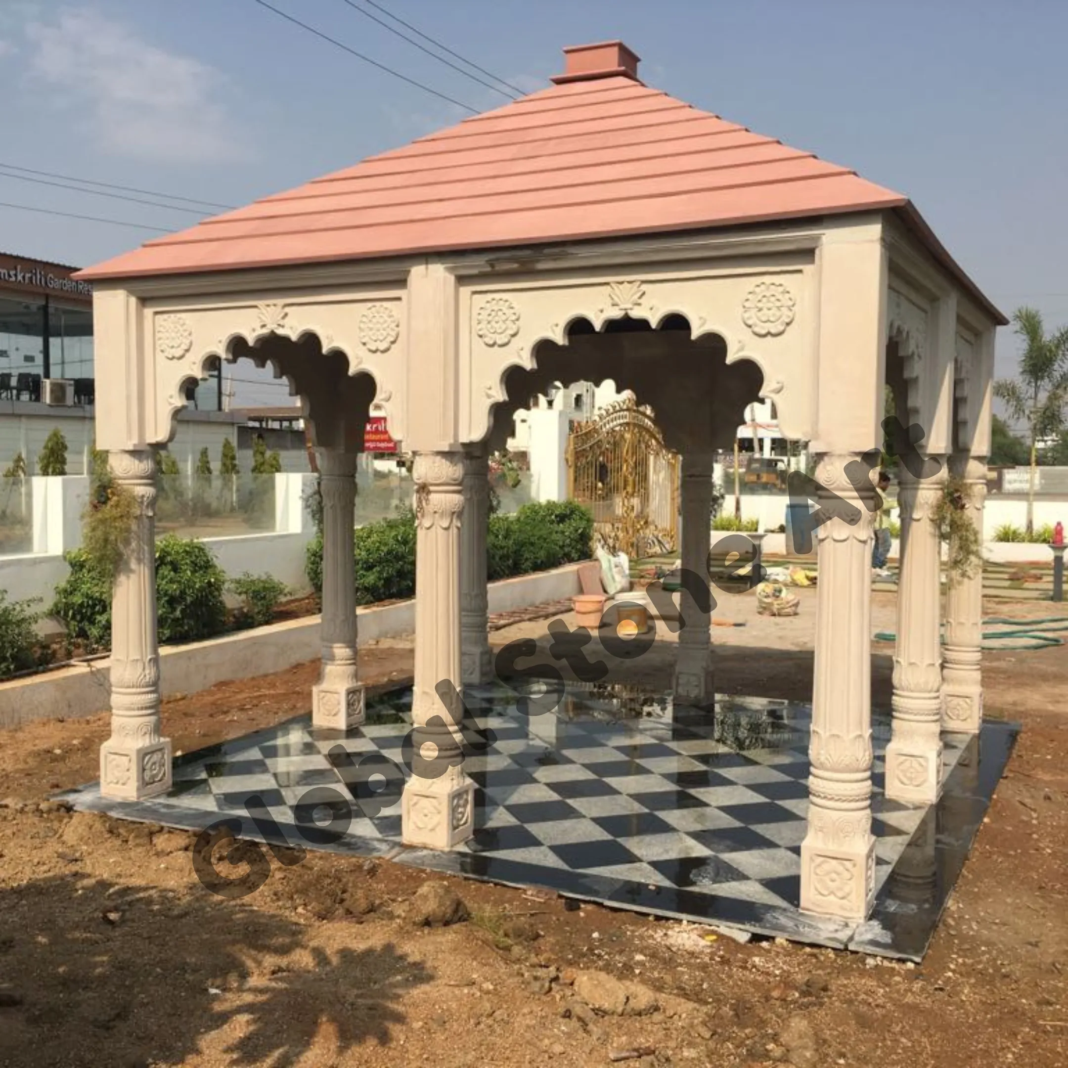 6 Pillar Carved Stone Gazebo with Chequered Marble Floor