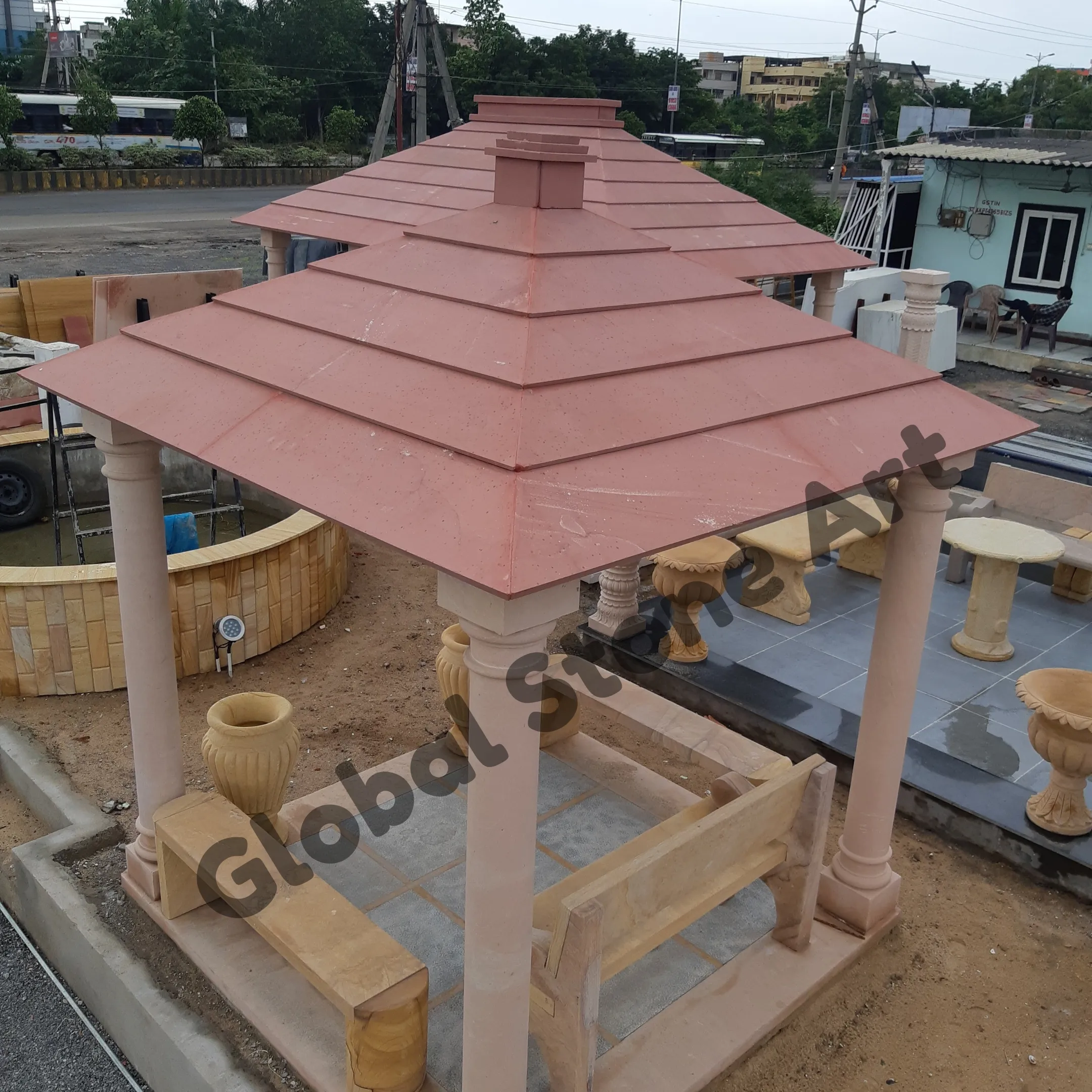 4 Pillar Stone Gazebo with Multi-Tier Pyramid Roof for Terrace