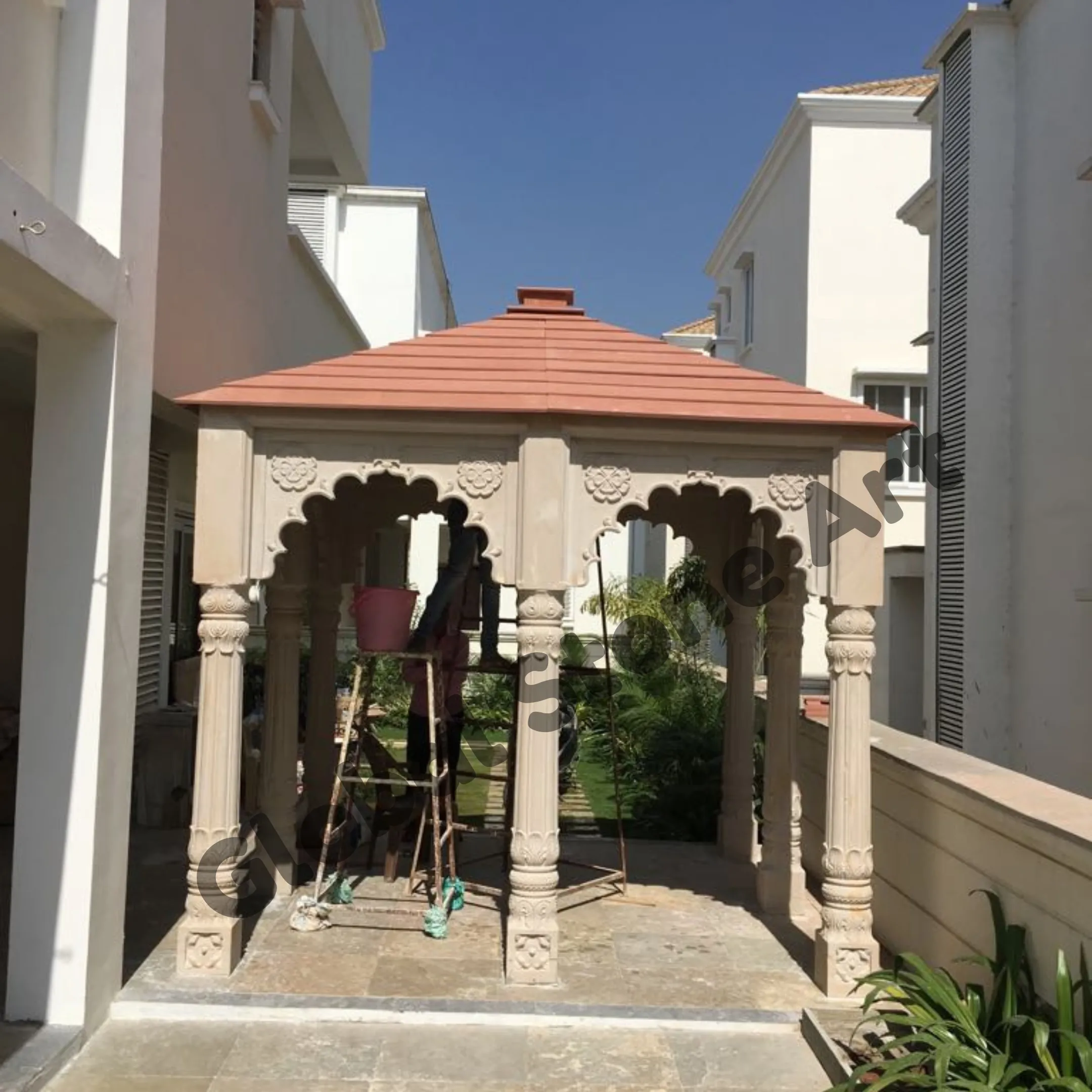 4 Pillar Carved Sandstone Gazebo with Arches for Villa Courtyard