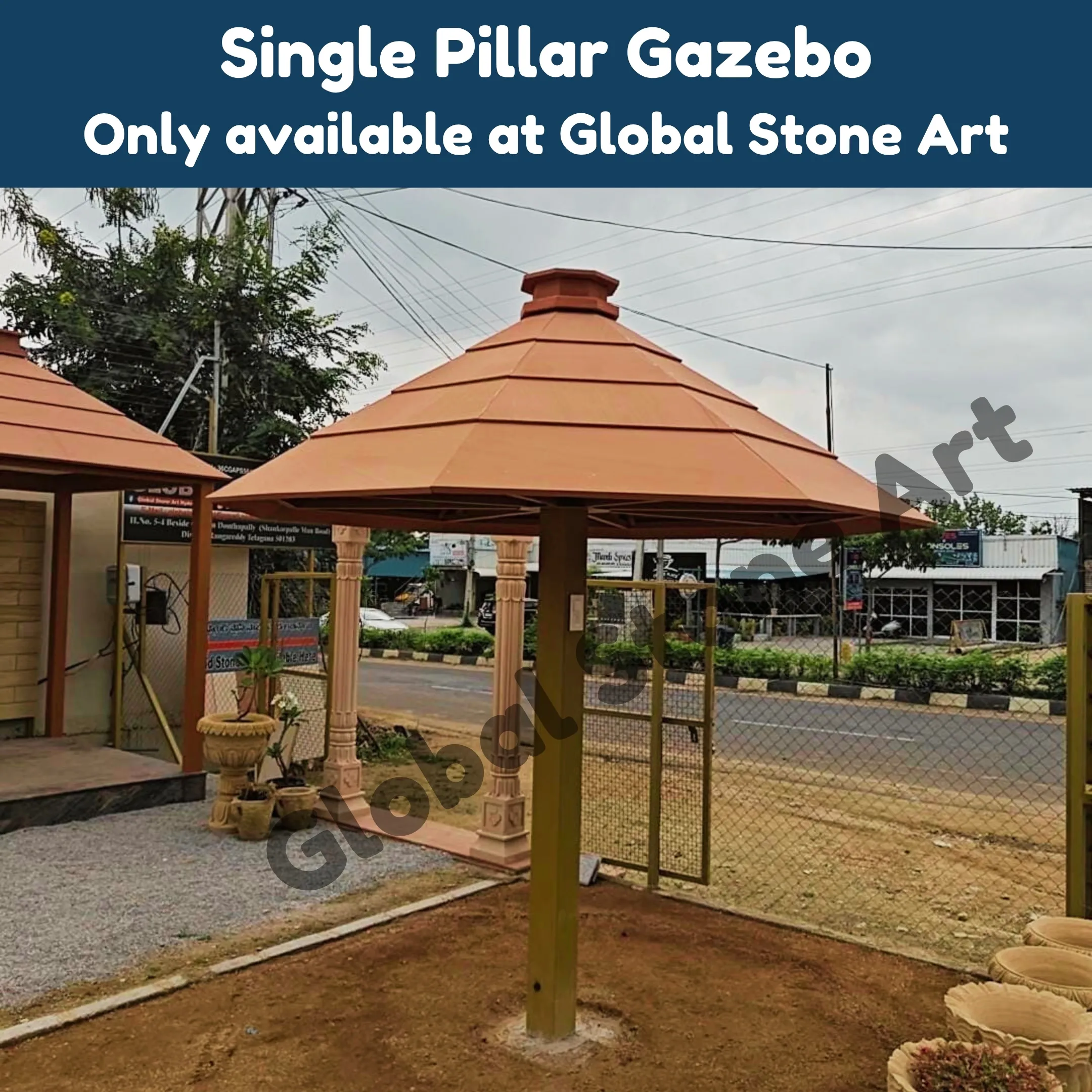 Single Pillar Stone Gazebo with Tiered Conical Roof