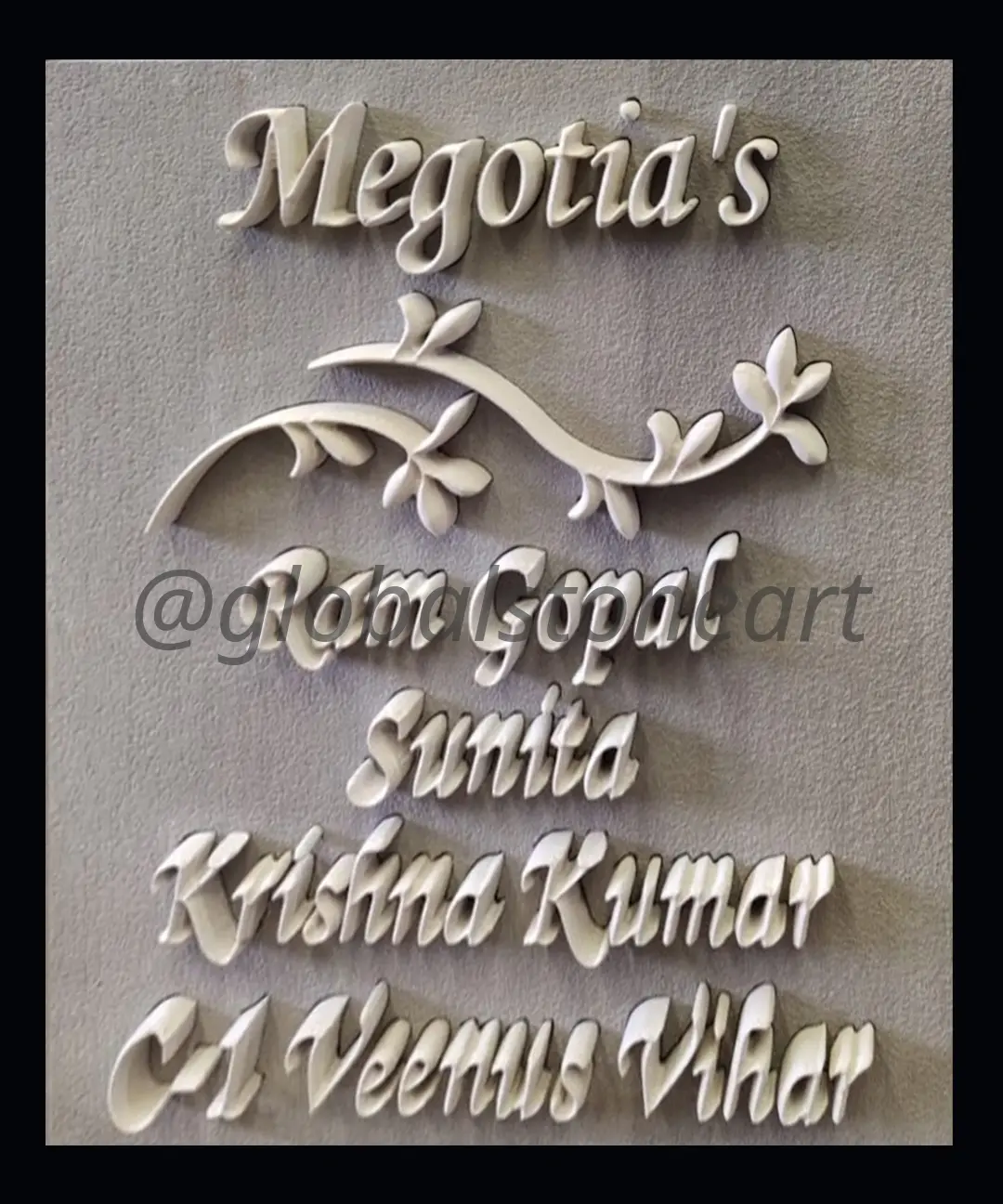 White Marble Name Plate with Elegant Cursive Lettering & Leaf Branch