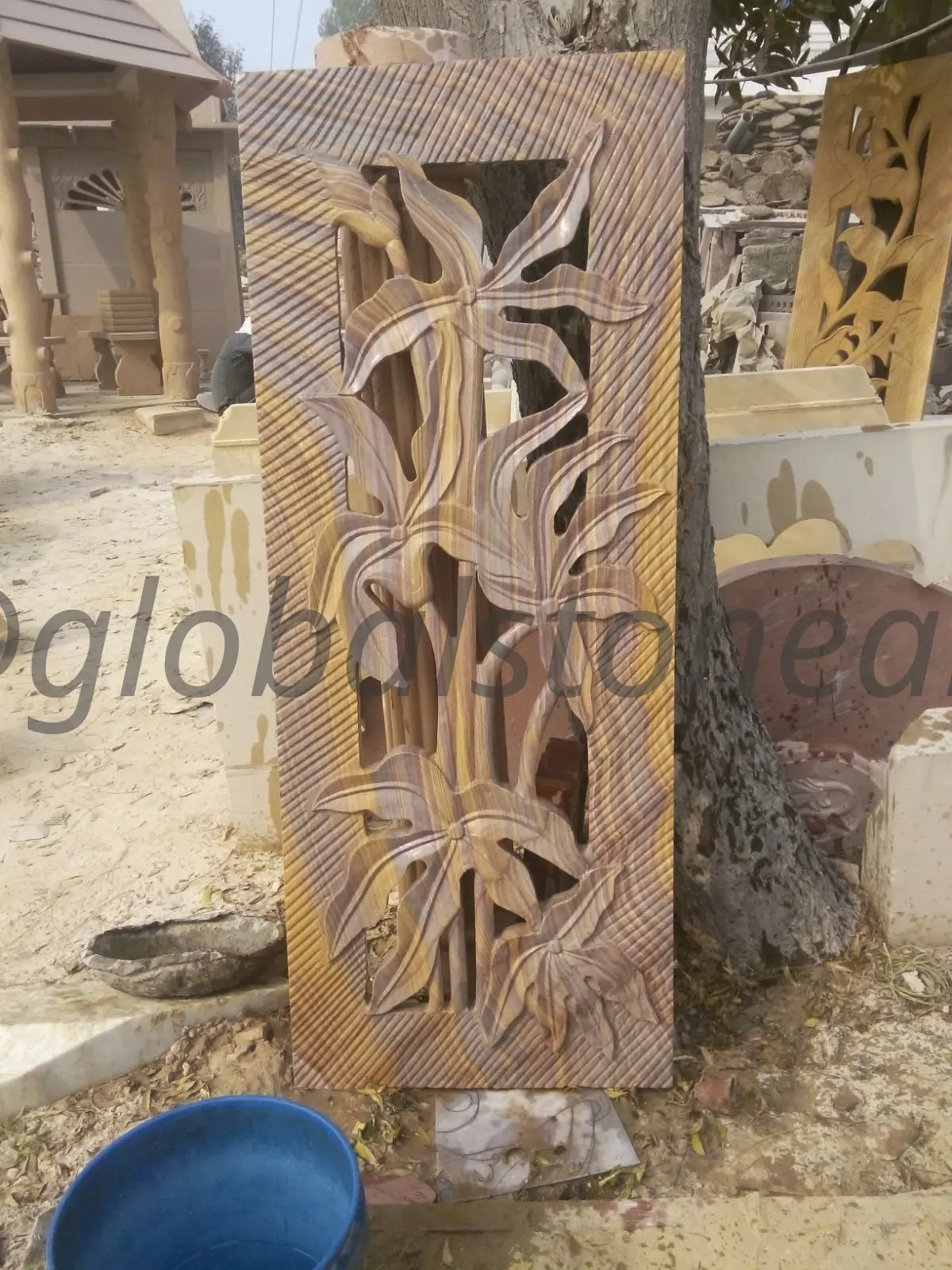 Freestanding Deep-Relief Bamboo Sandstone Jali Panel