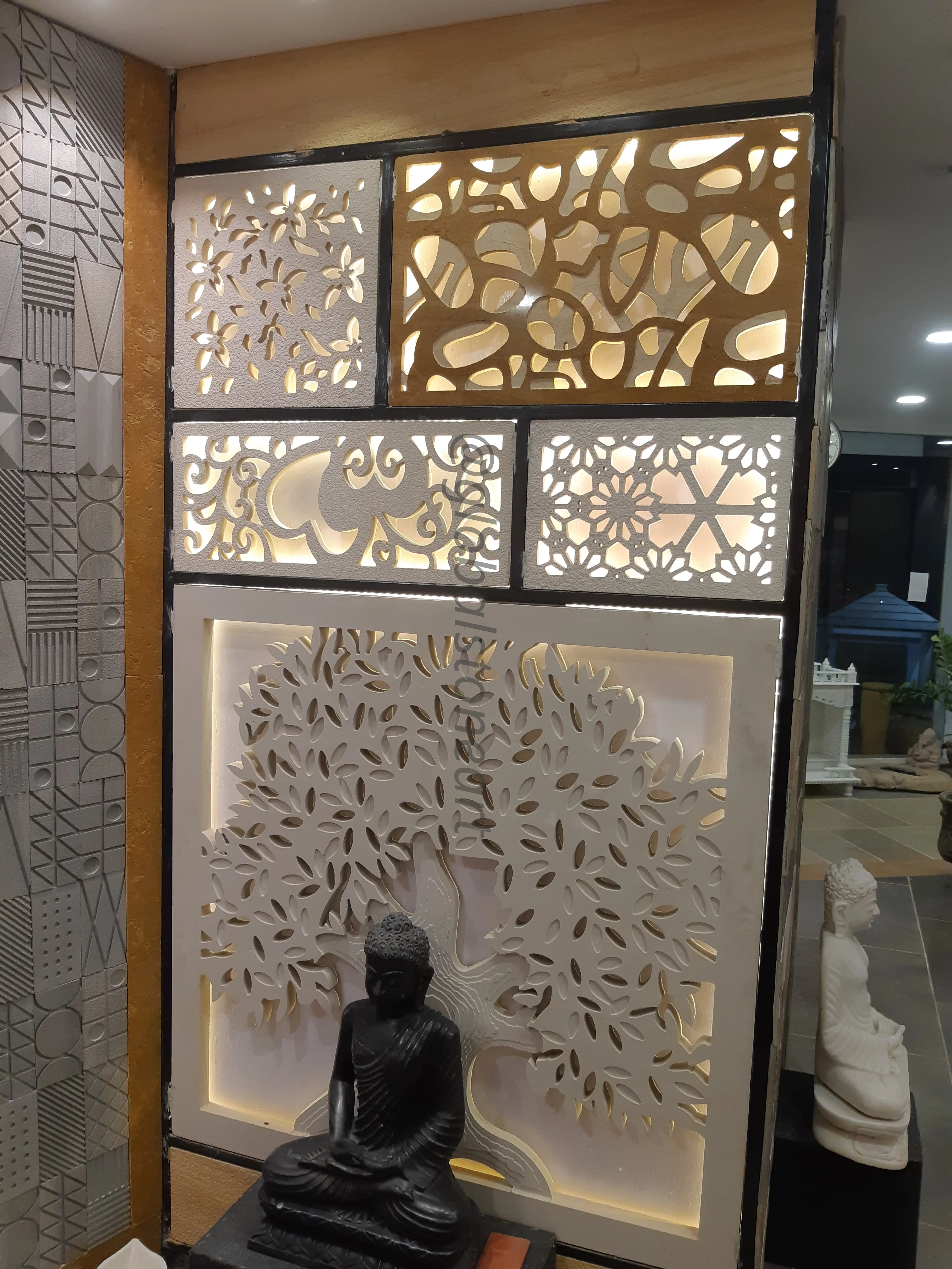 Backlit Tree of Life Stone Jali Room Divider
