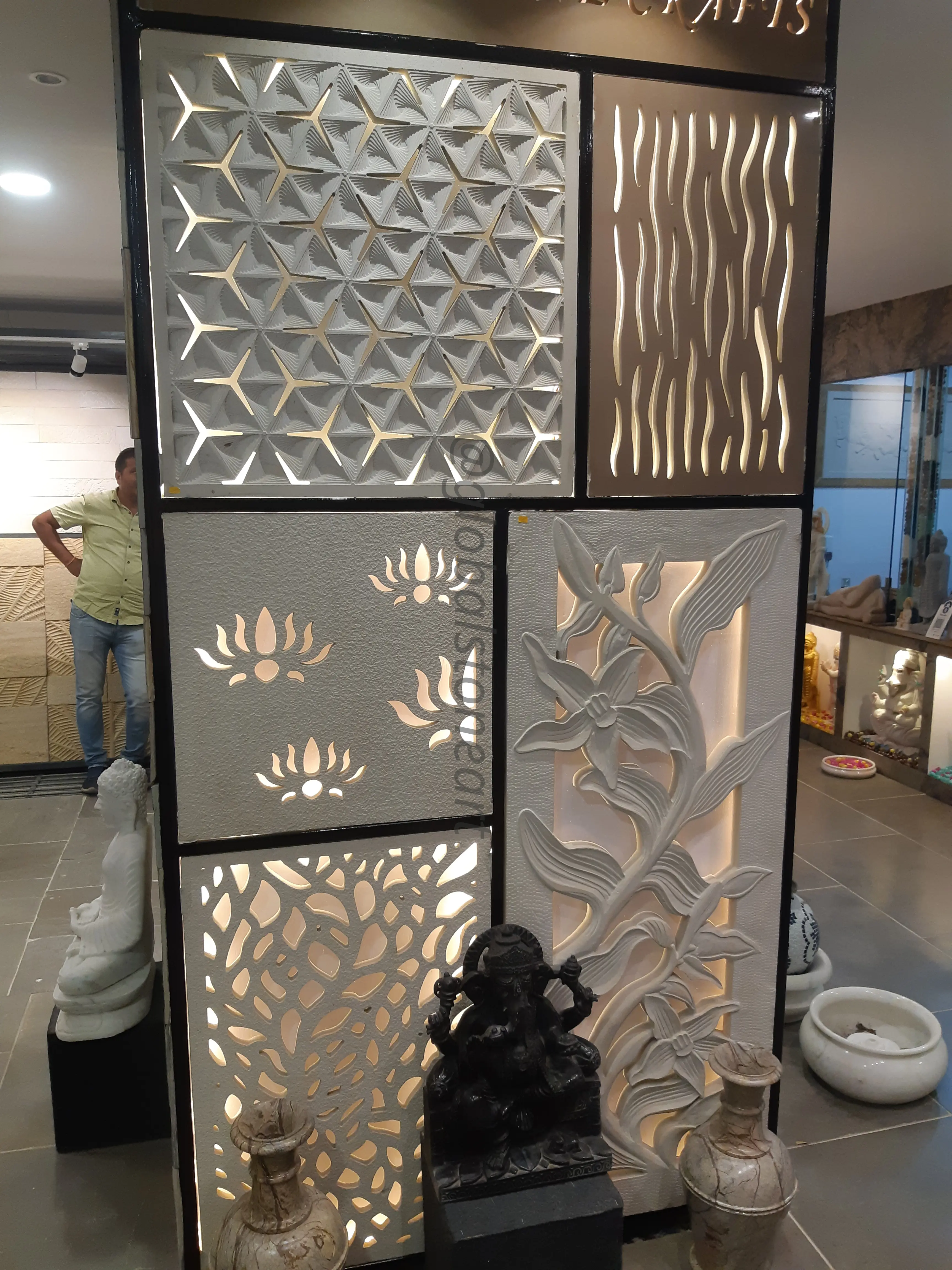 Backlit Mixed-Motif Stone Jali Partition (Lotus & Lily)