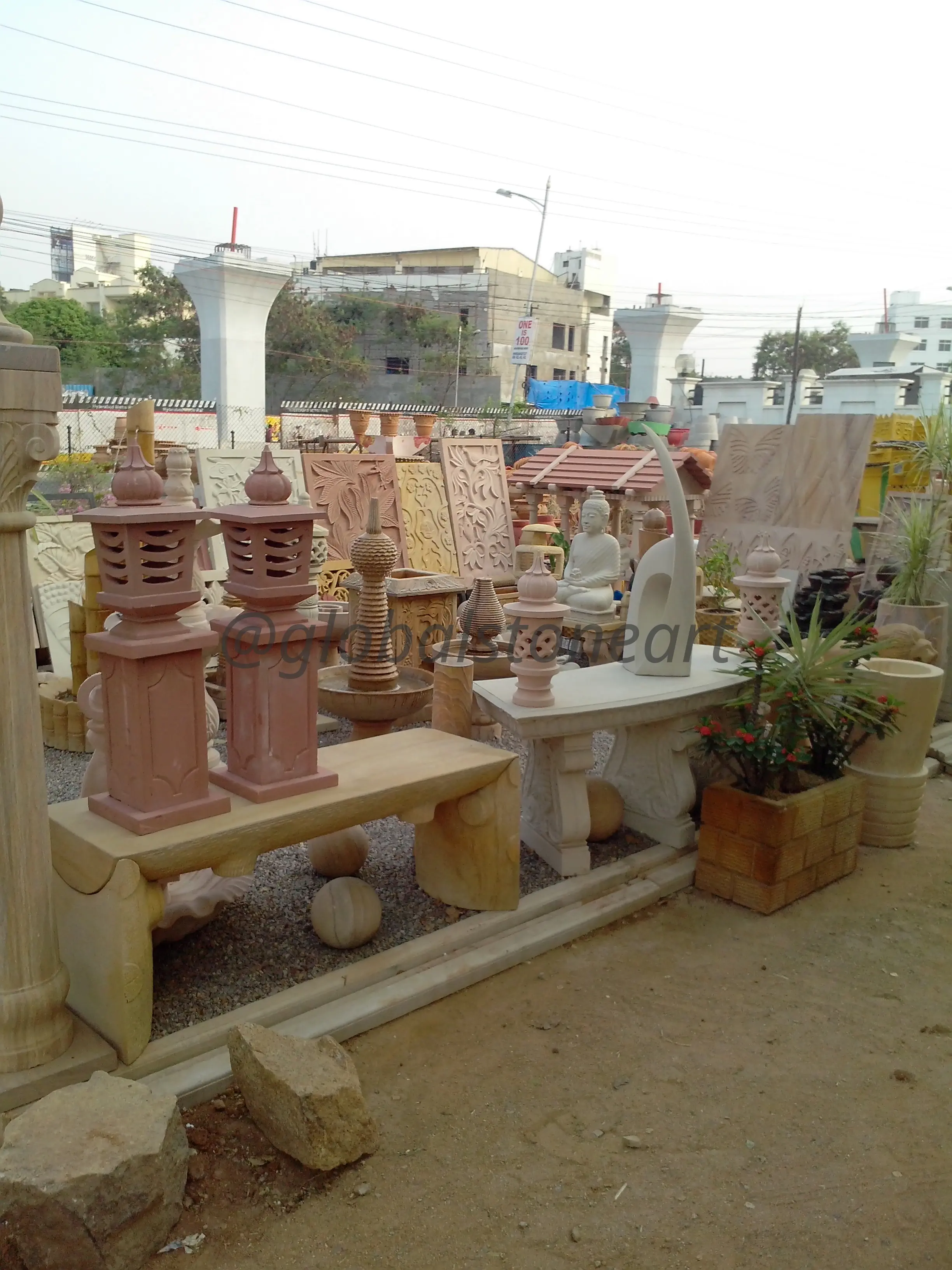 Pink Sandstone Pagoda Lantern Lamps on Pedestal (Pair)