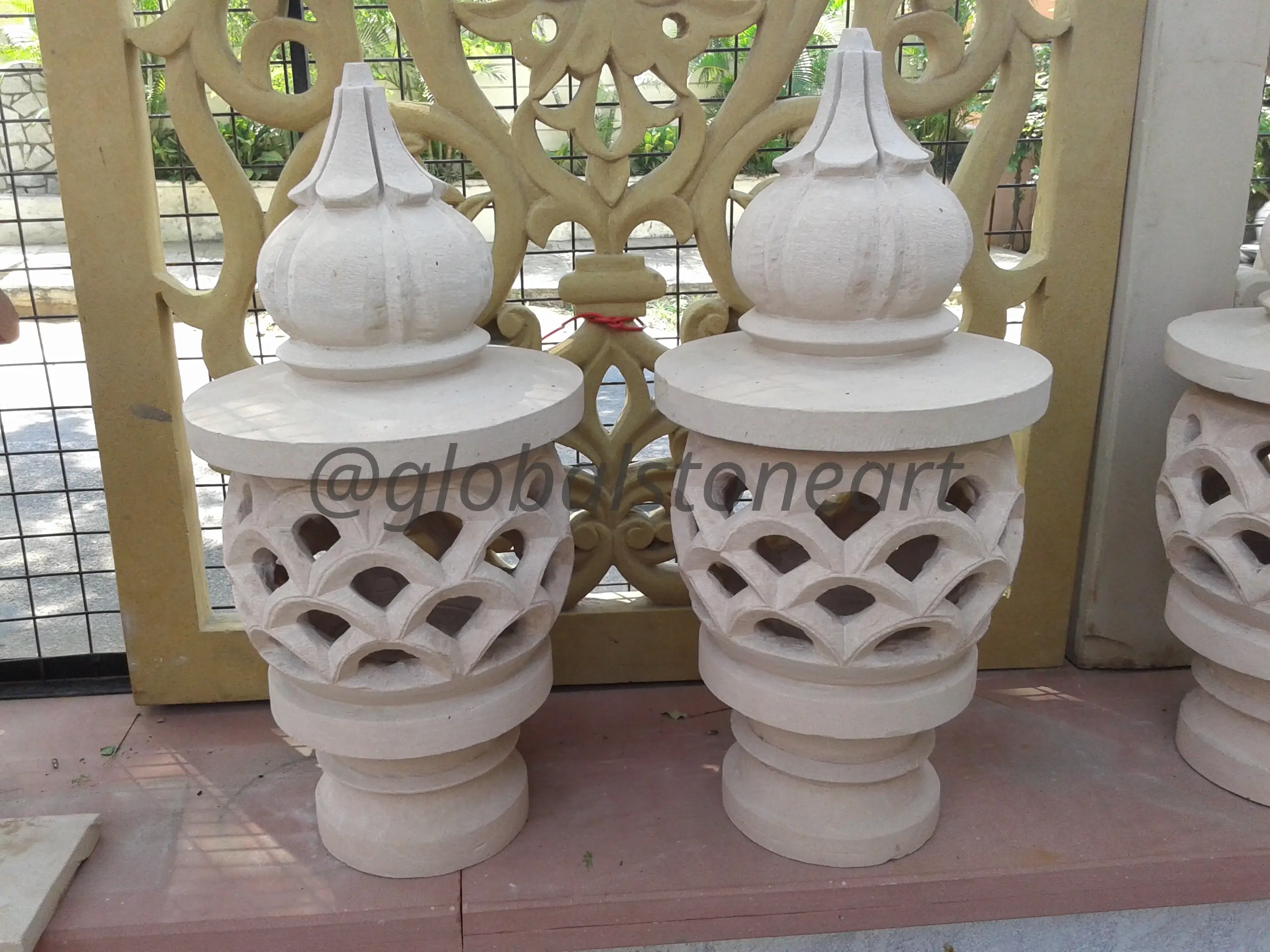 Cream Sandstone Petal-Carved Round Lantern Lamps (Pair)