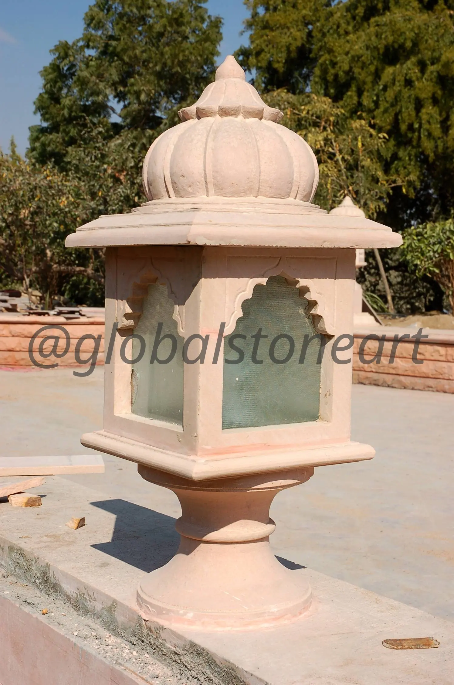 Pink Sandstone Mughal Dome Lantern with Glass Panels