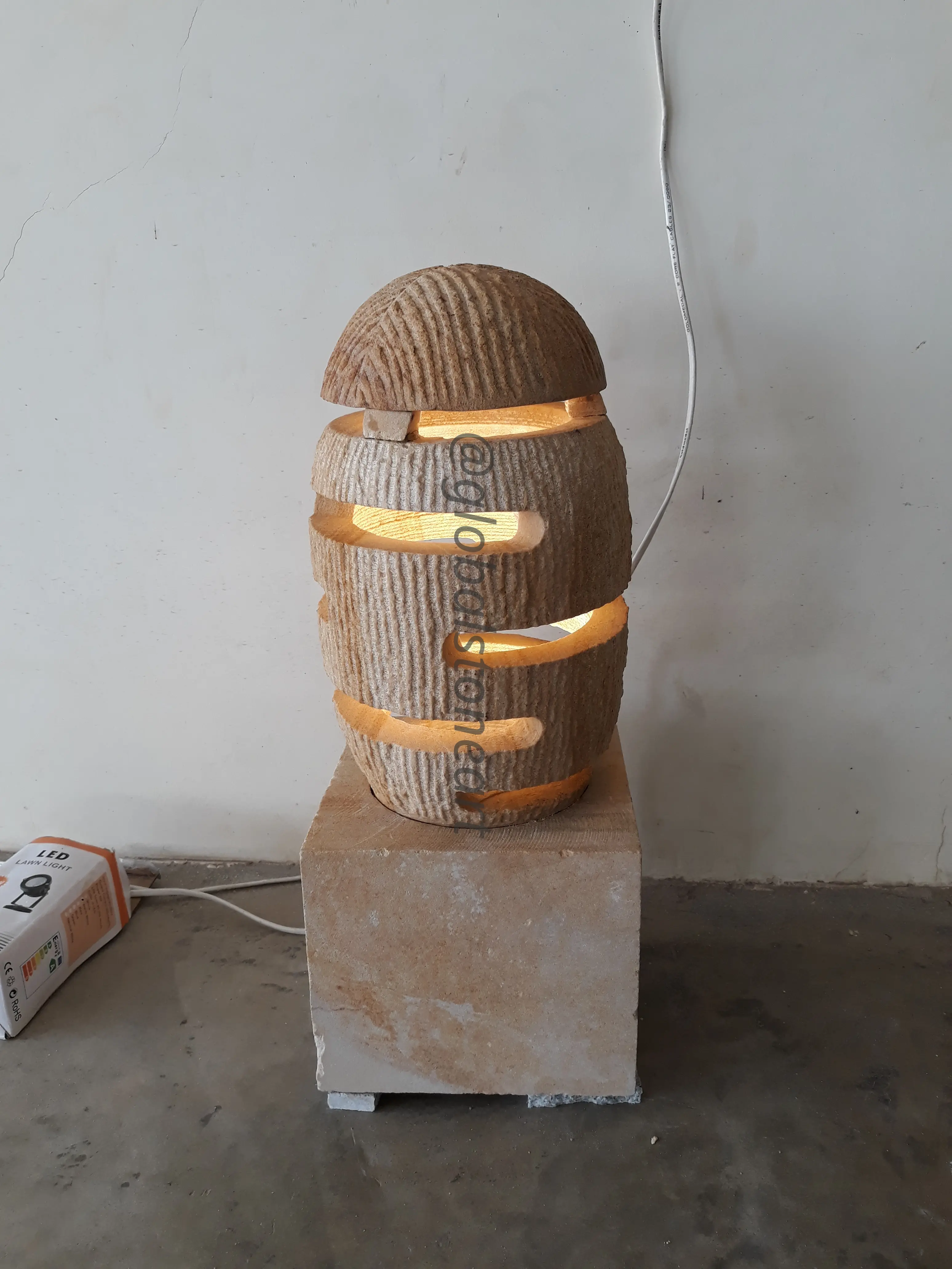Carved Granite Barrel LED Lamp on Pedestal Base