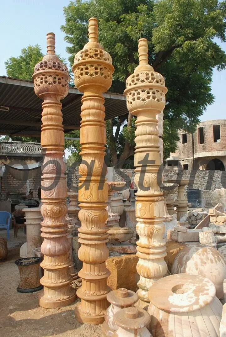 Yellow Sandstone Ornate Carved Pillar Lamp Posts (Pair)