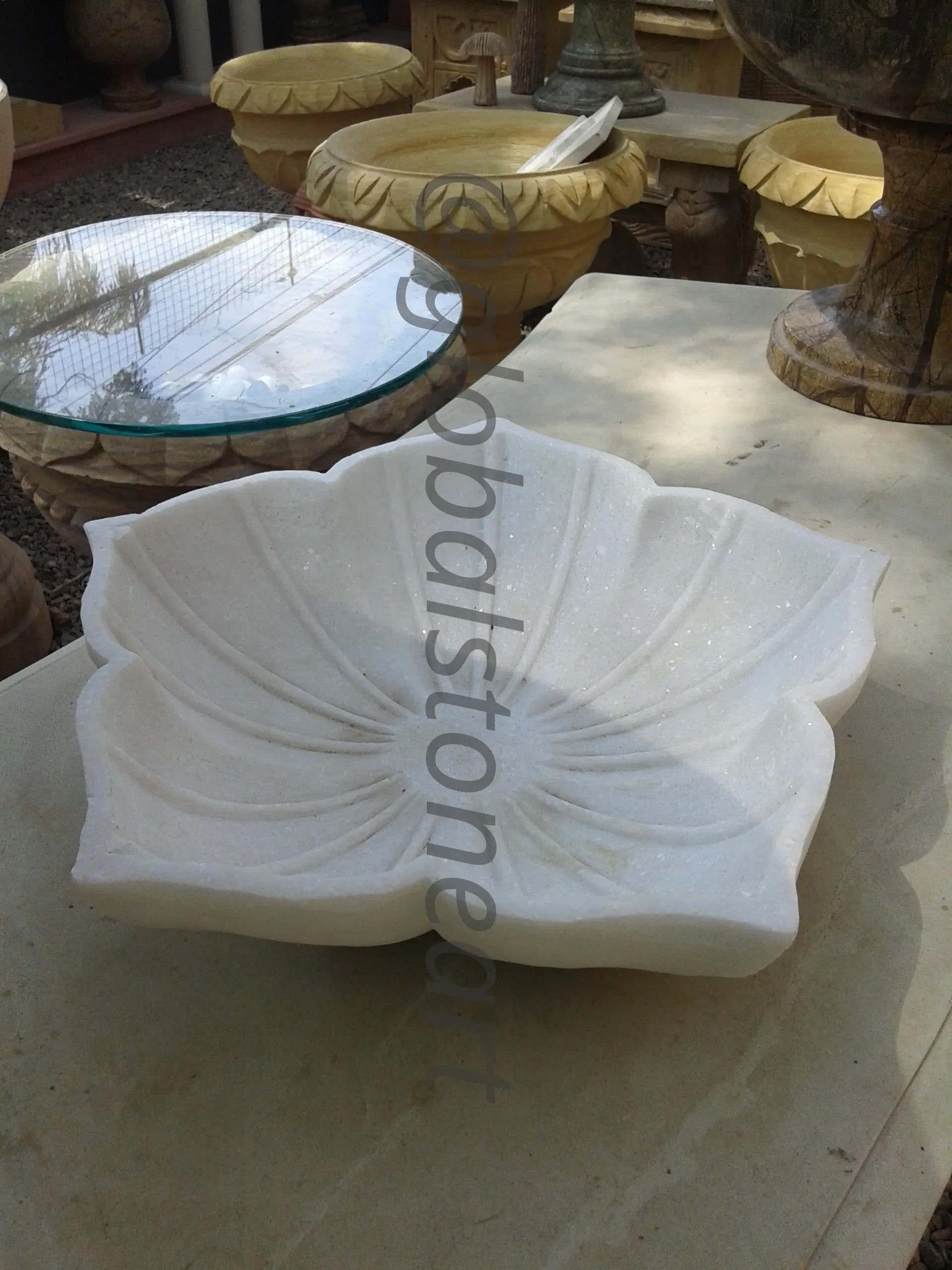 White Marble Lotus Flower Urli Bowl for Garden
