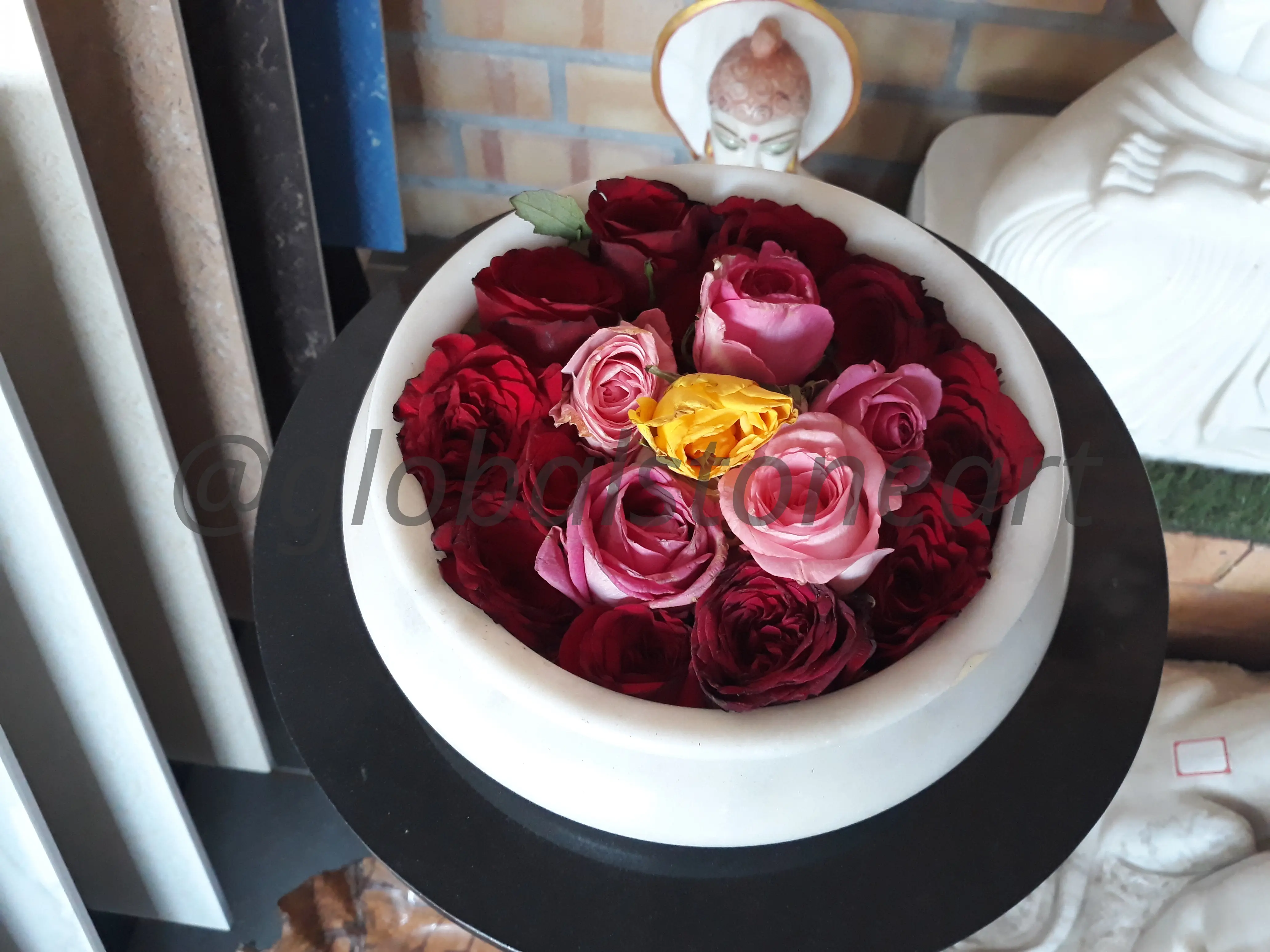 White Marble Urli on Black Base for Table Decor