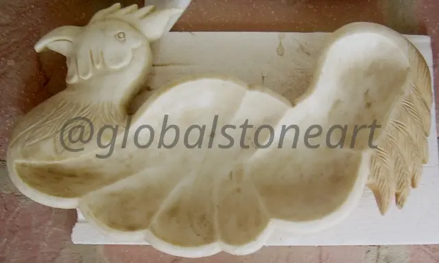 Cream Marble Peacock-Carved Urli Bowl