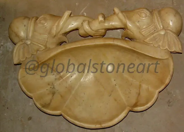 Cream Marble Urli with Carved Elephant Handles