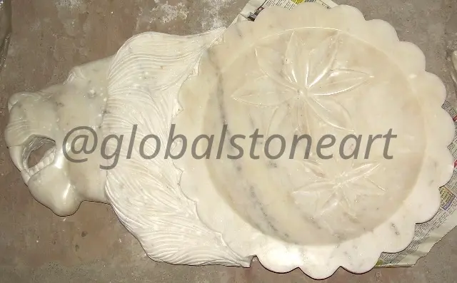 White Marble Carved-Center Leaf Urli Bowl