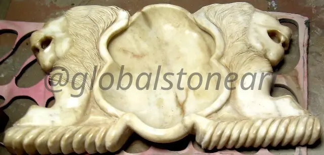 Cream Marble Twin-Lion Carved Urli Bowl