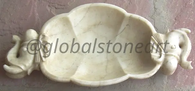 Cream Marble Oval Urli with Elephant Handles