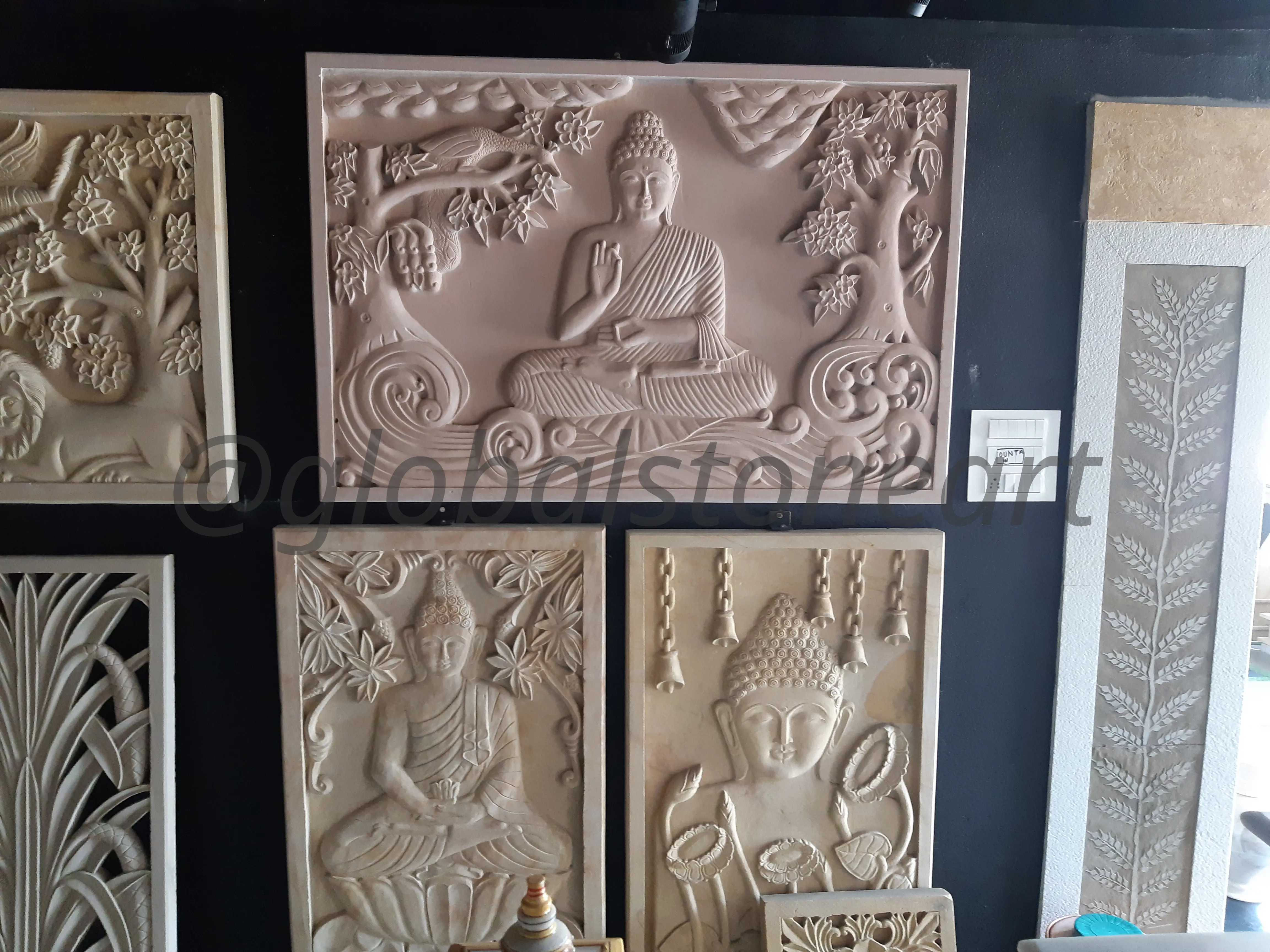 Pink Sandstone Buddha Wall Mural Under Bodhi Tree