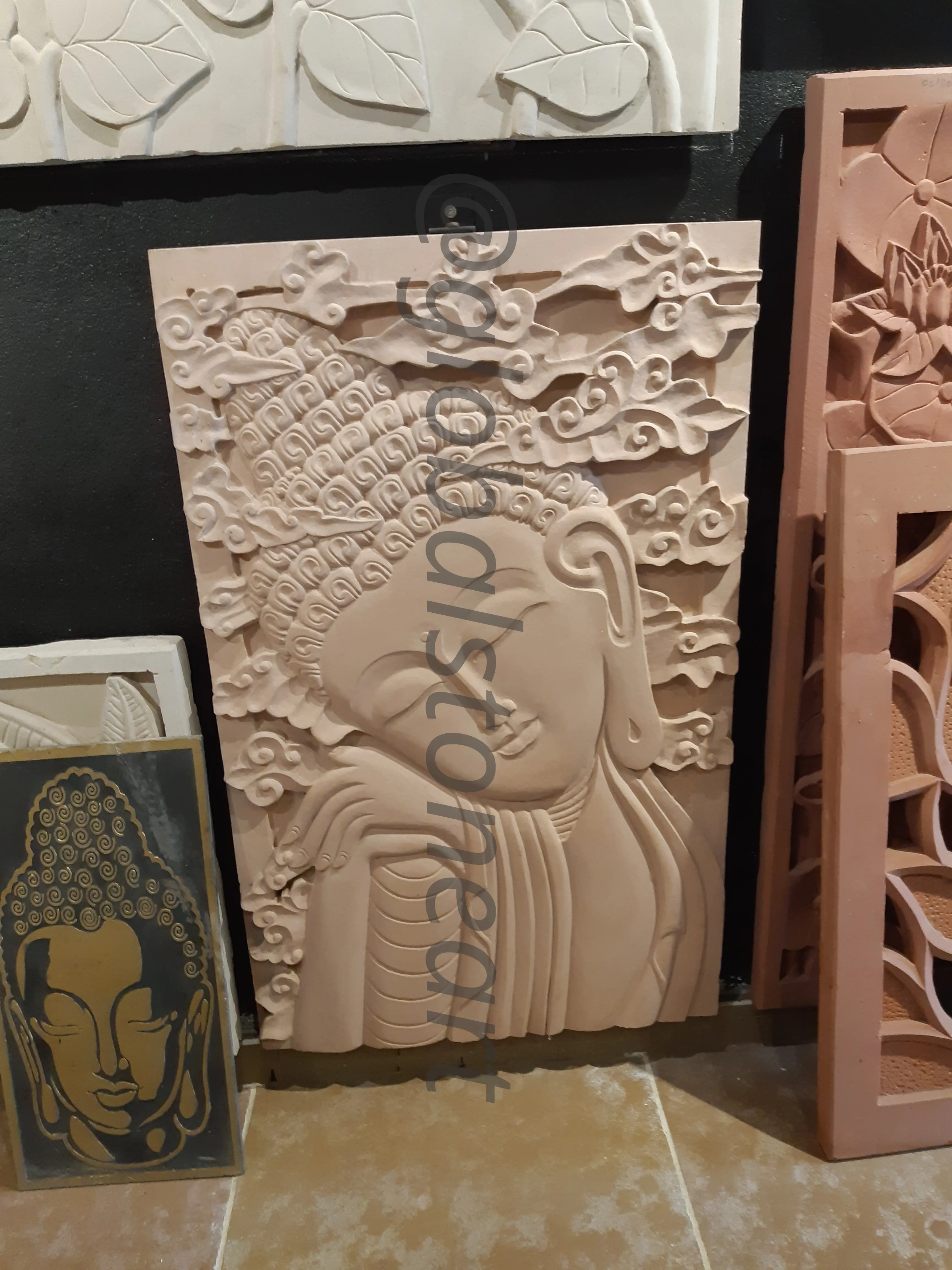 Reclining Buddha Pink Sandstone Mural with Clouds