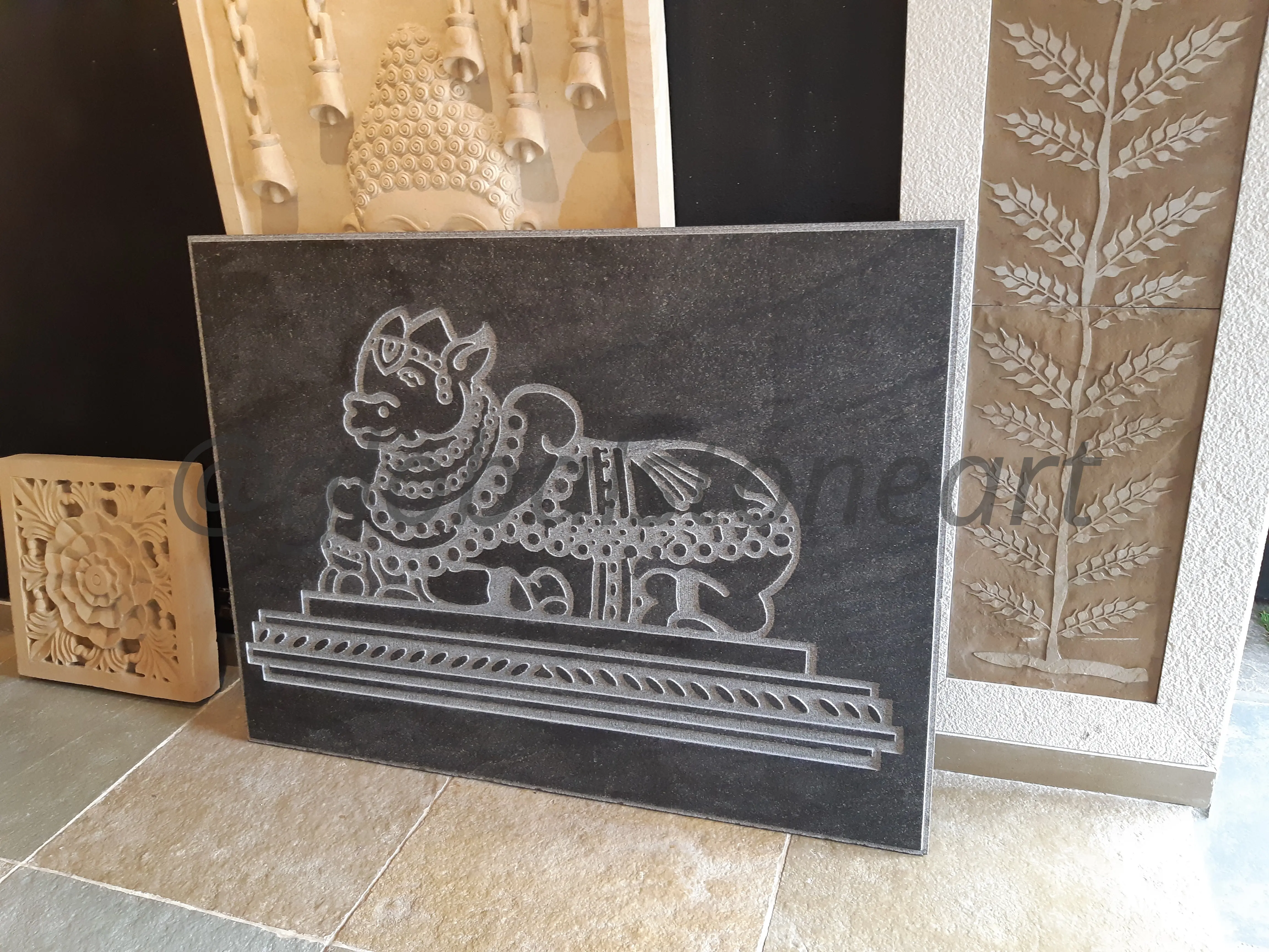 Black Granite Nandi Bull Wall Mural Panel