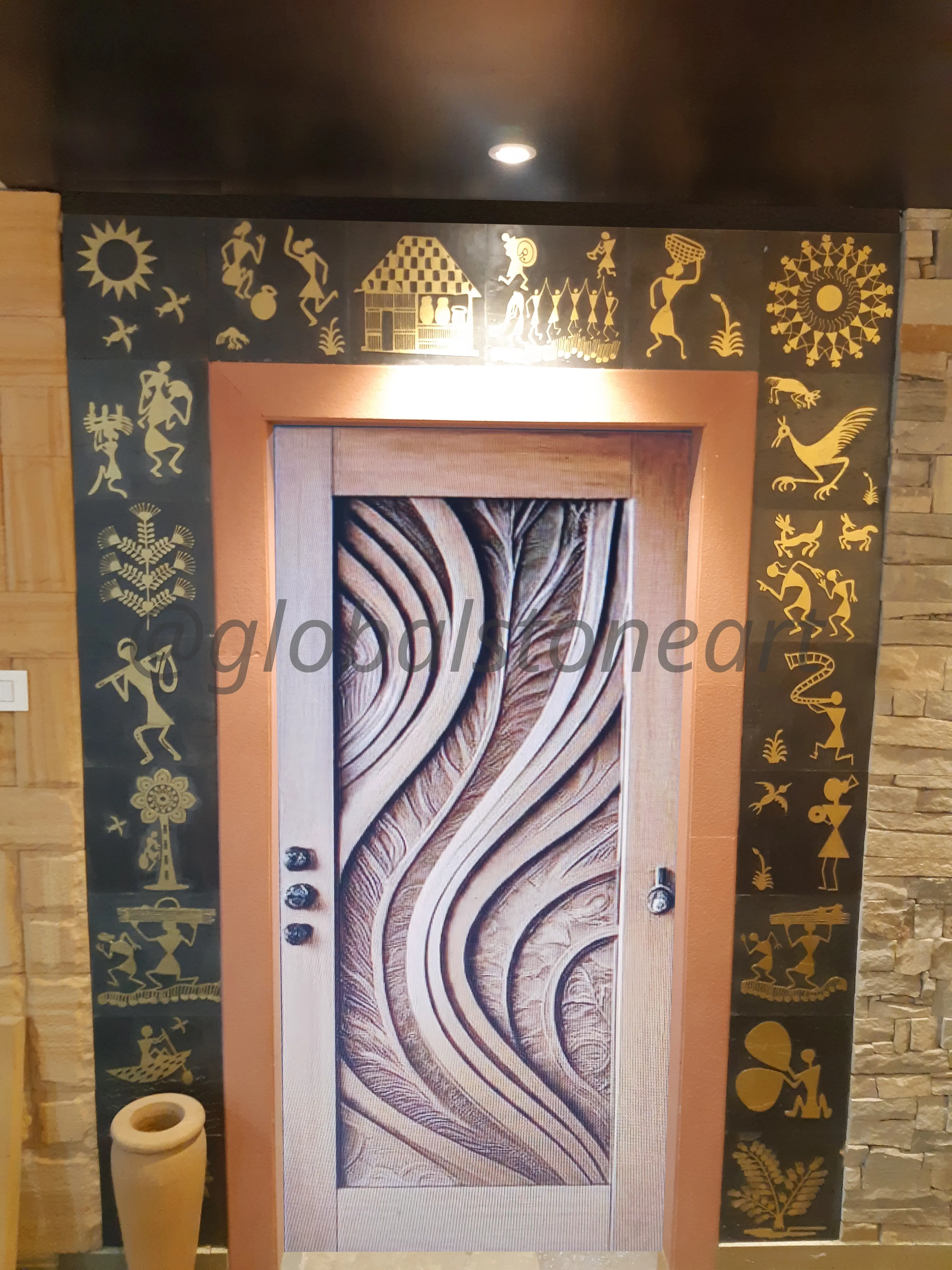 Warli Art Stone Door Surround Mural