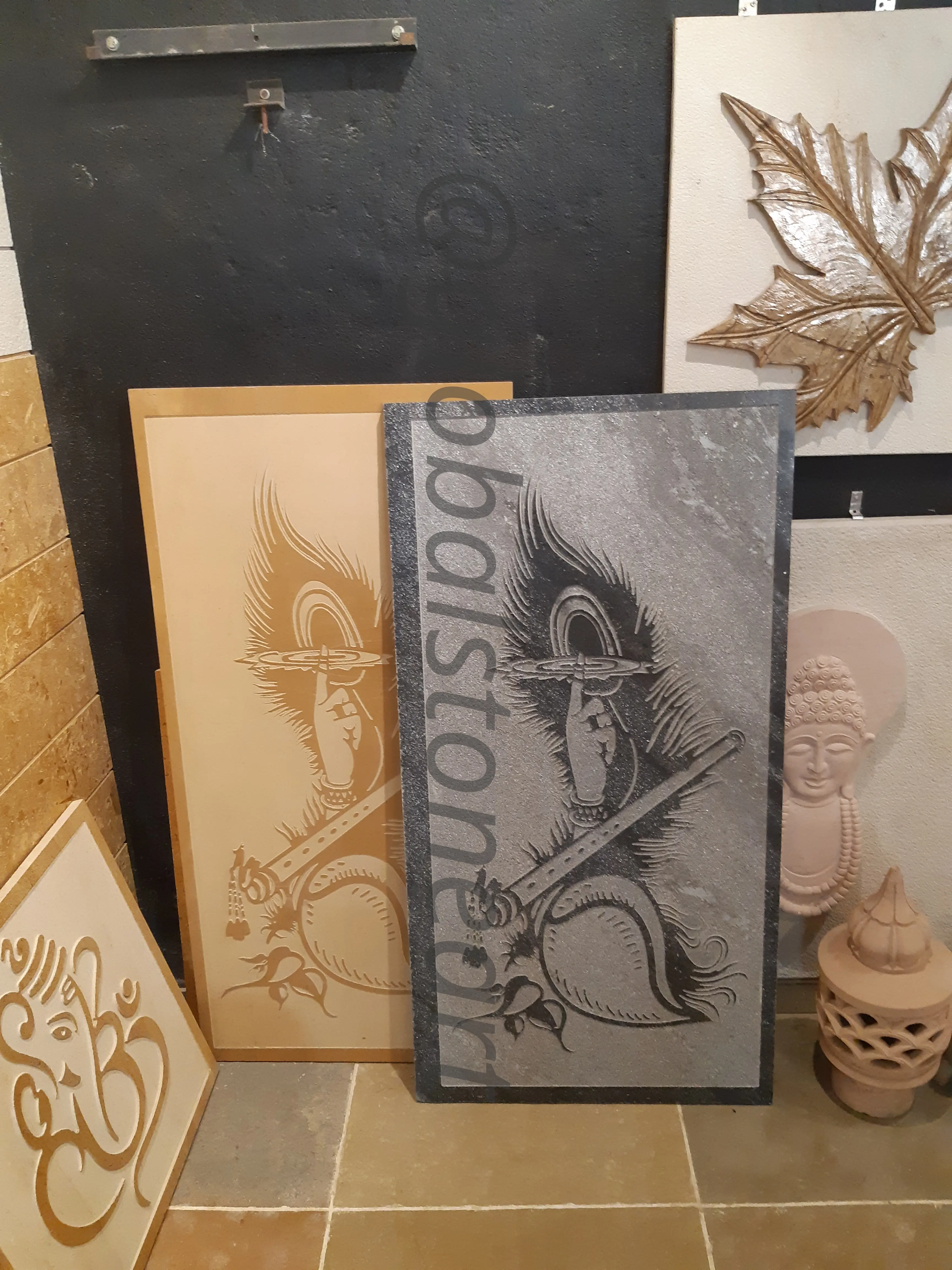 Saraswati Peacock Engraved Black Granite Mural