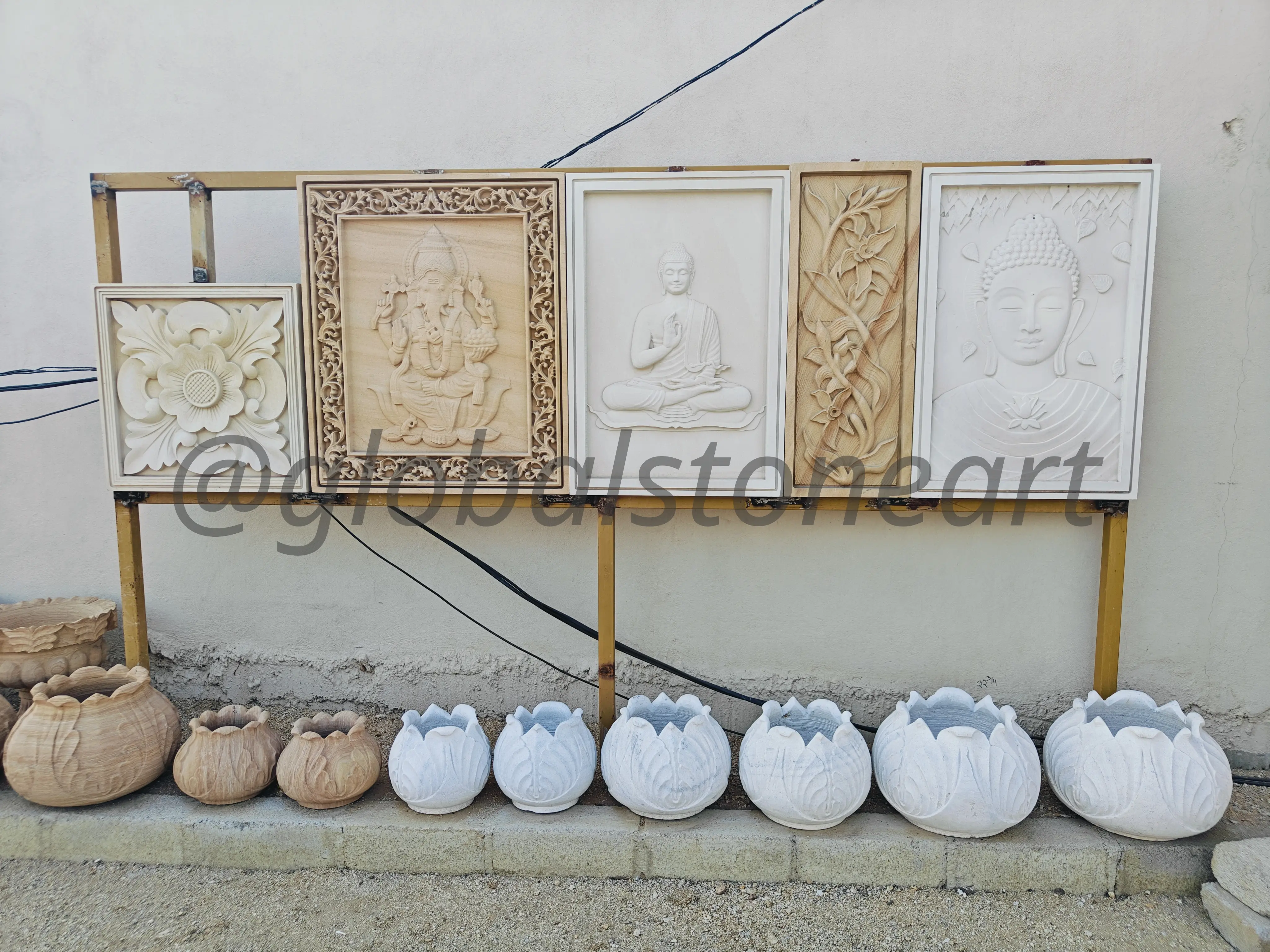 Buddha Ganesha and Floral Sandstone Mural Set