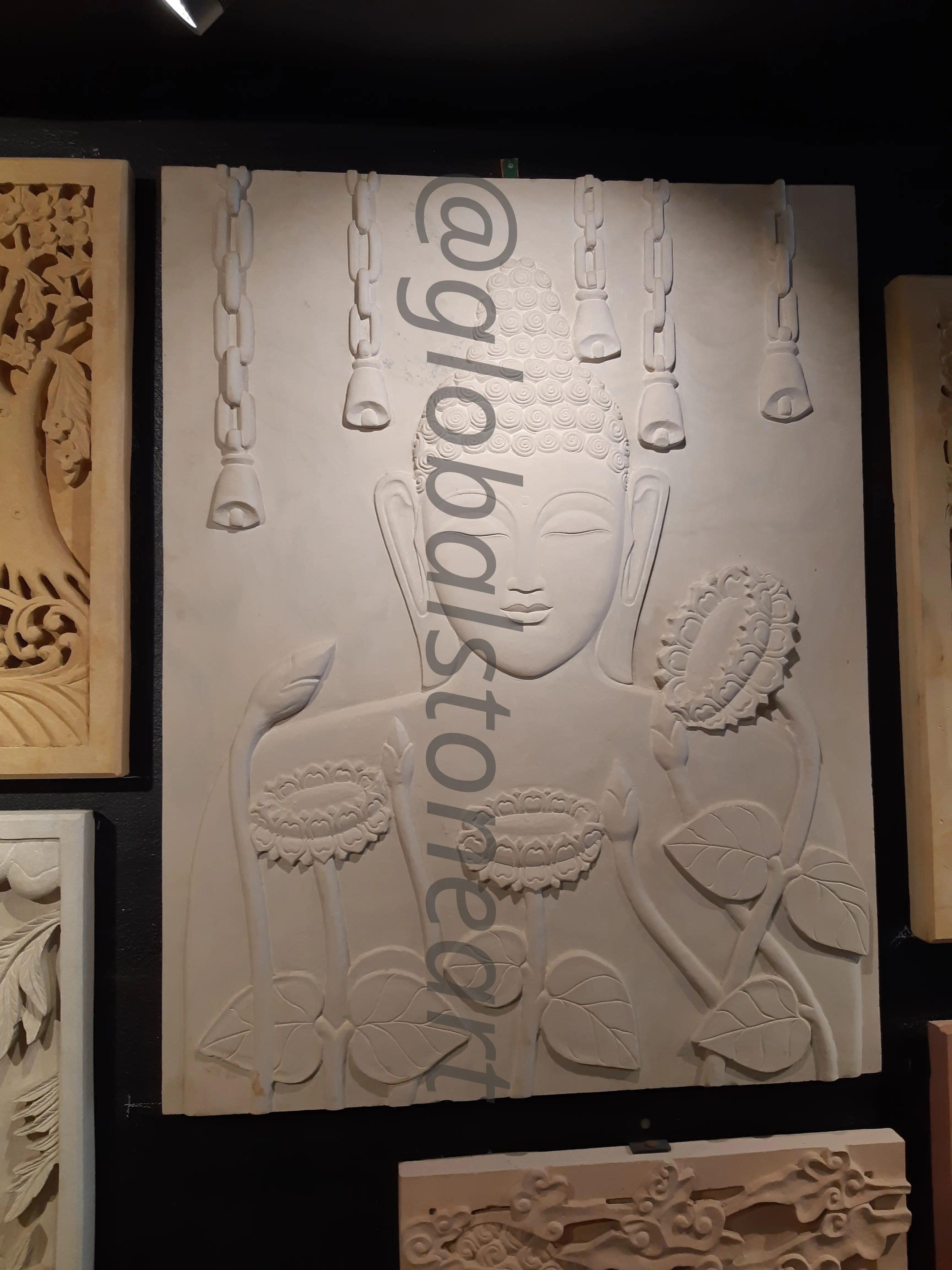 Standing Buddha White Sandstone Mural with Lotus