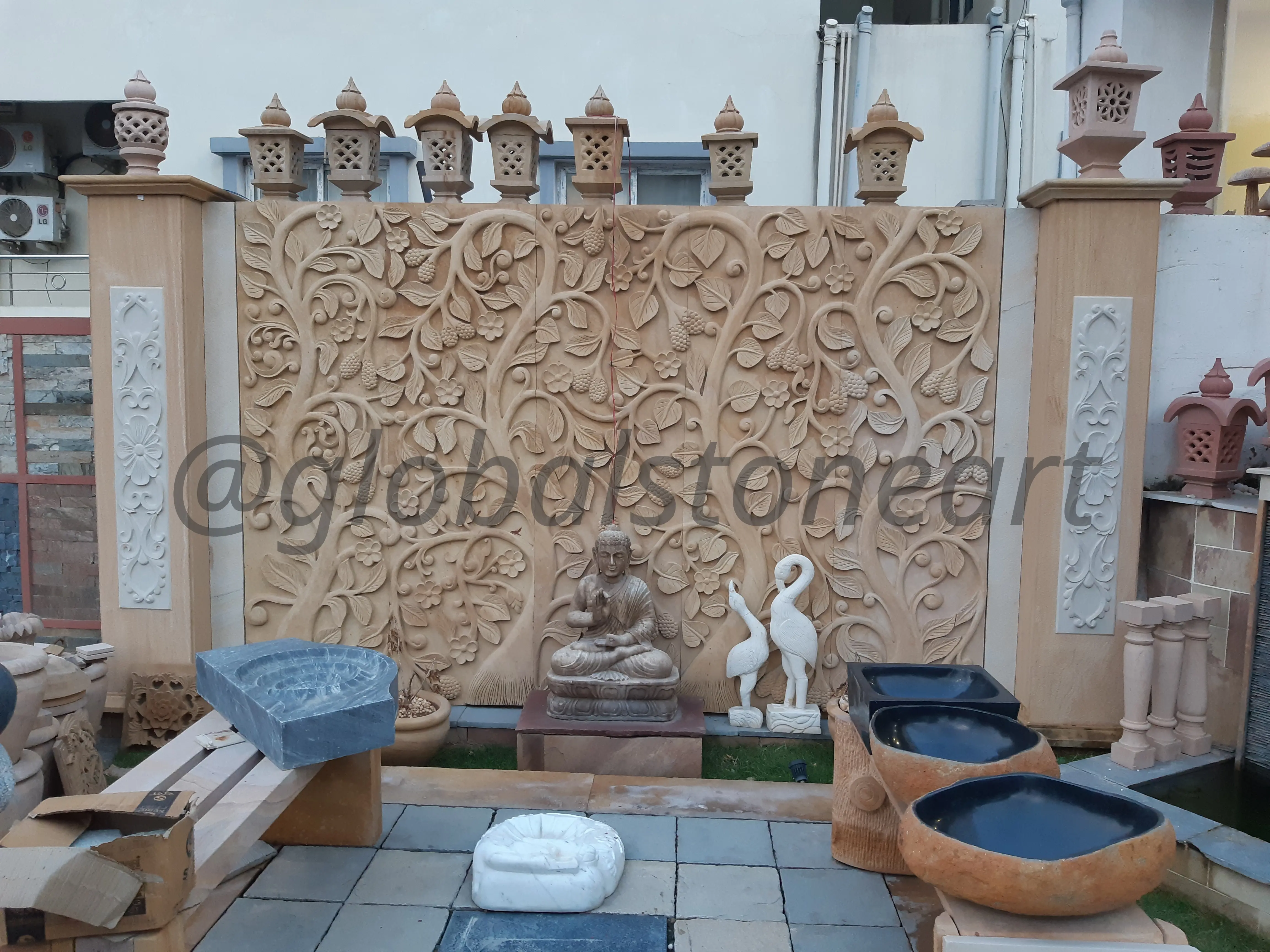 Tree of Life and Buddha Sandstone Garden Mural Wall