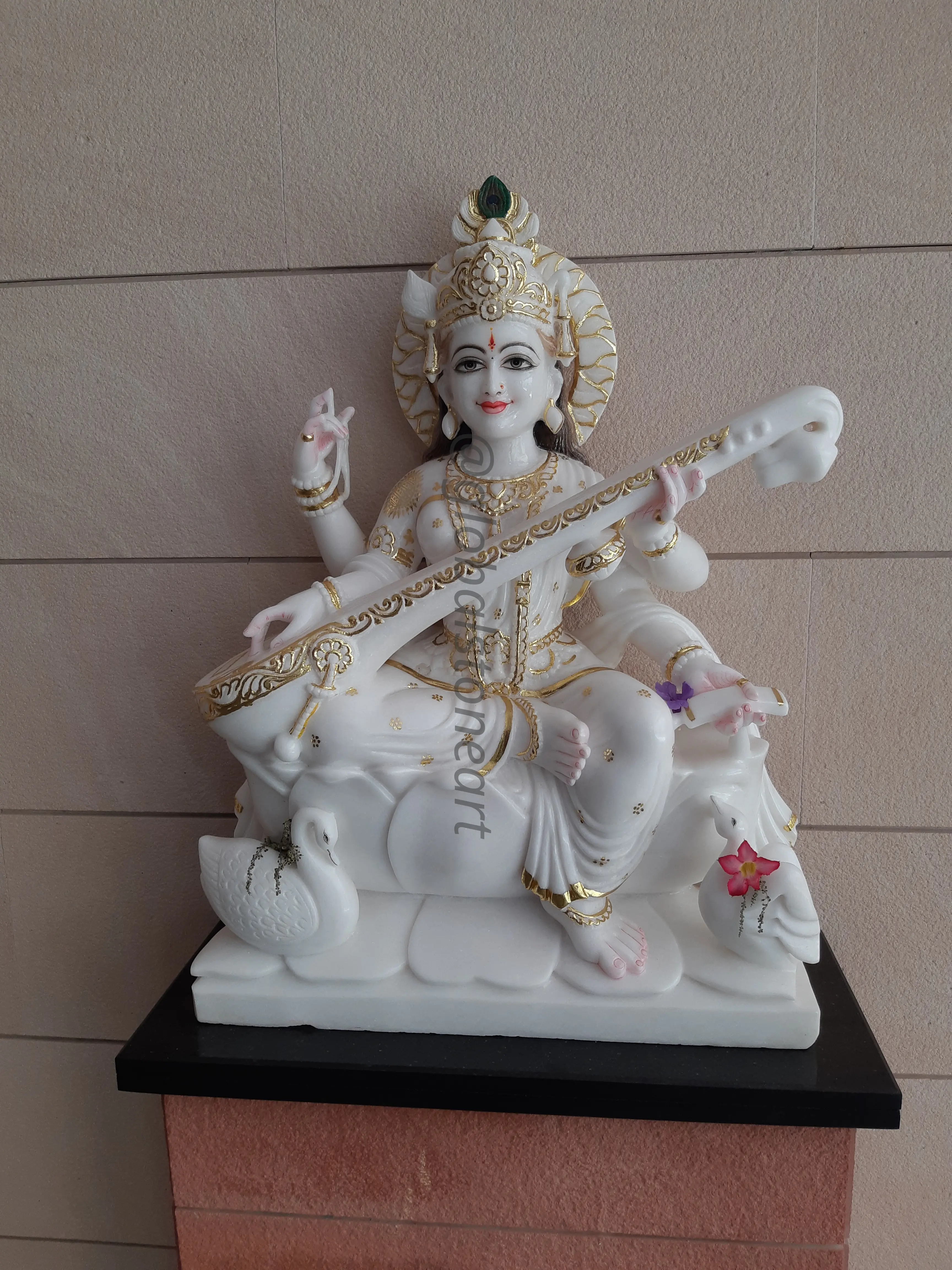 White Marble Saraswati Murti with Veena for Pooja Room