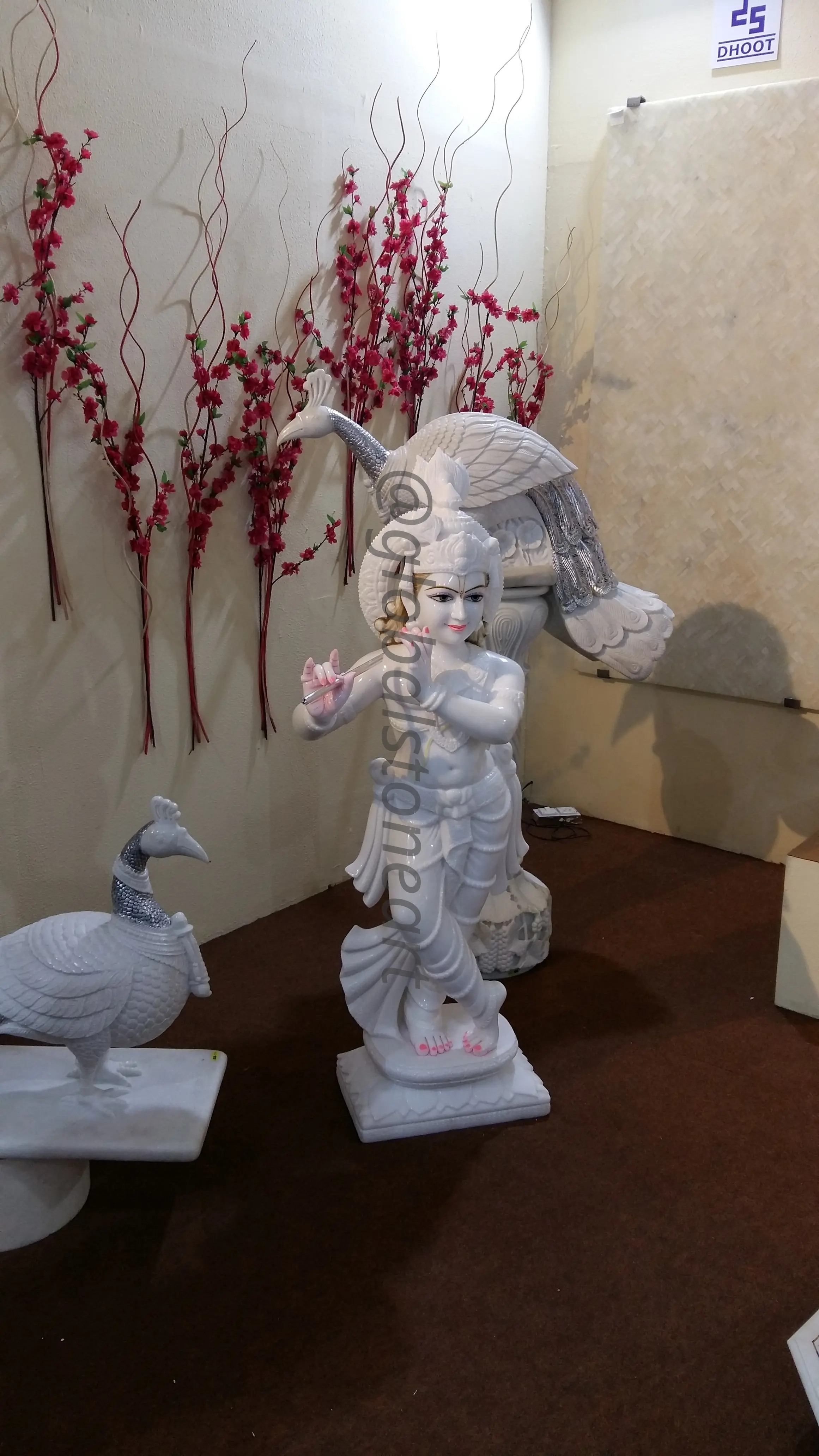 White Marble Krishna Murti with Peacock for Pooja Room