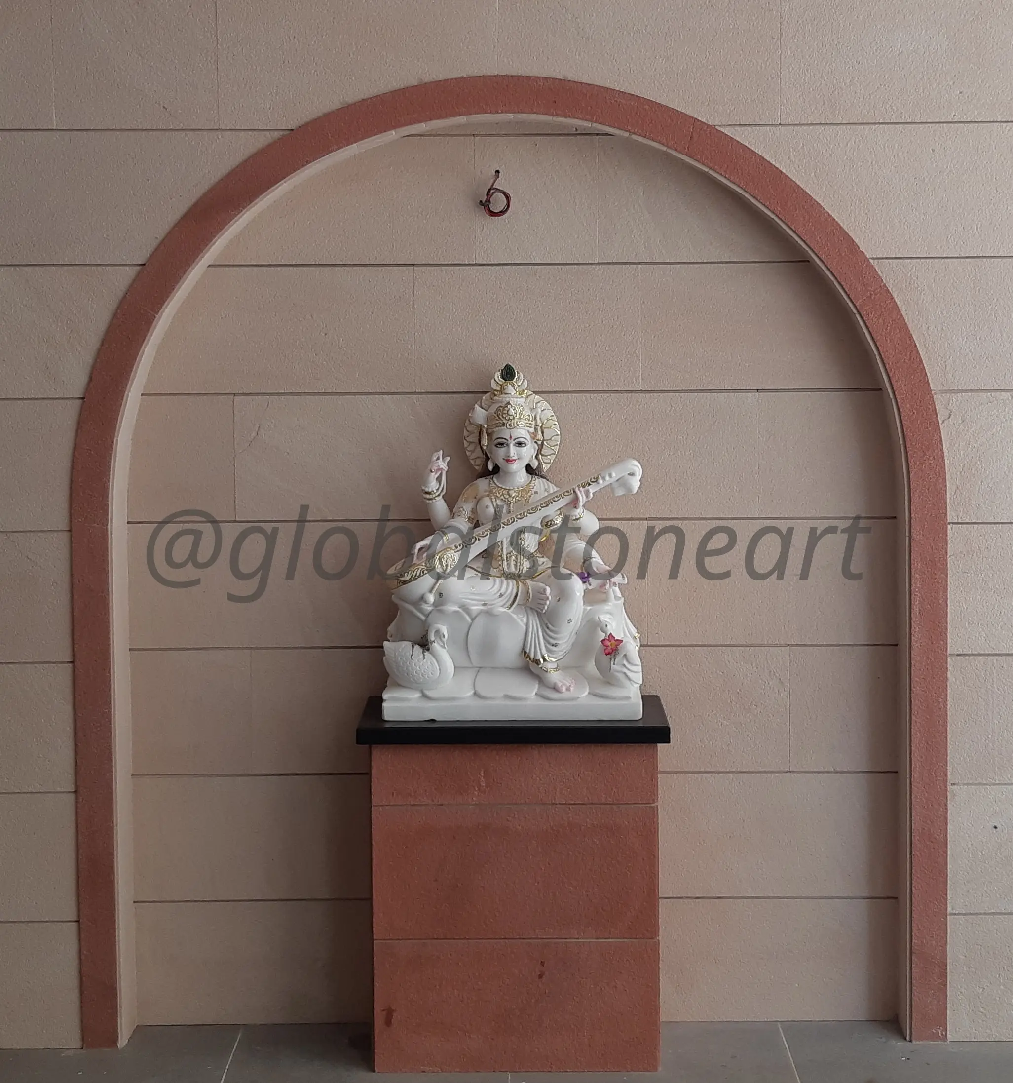 White Marble Saraswati Murti on Pedestal for Temple