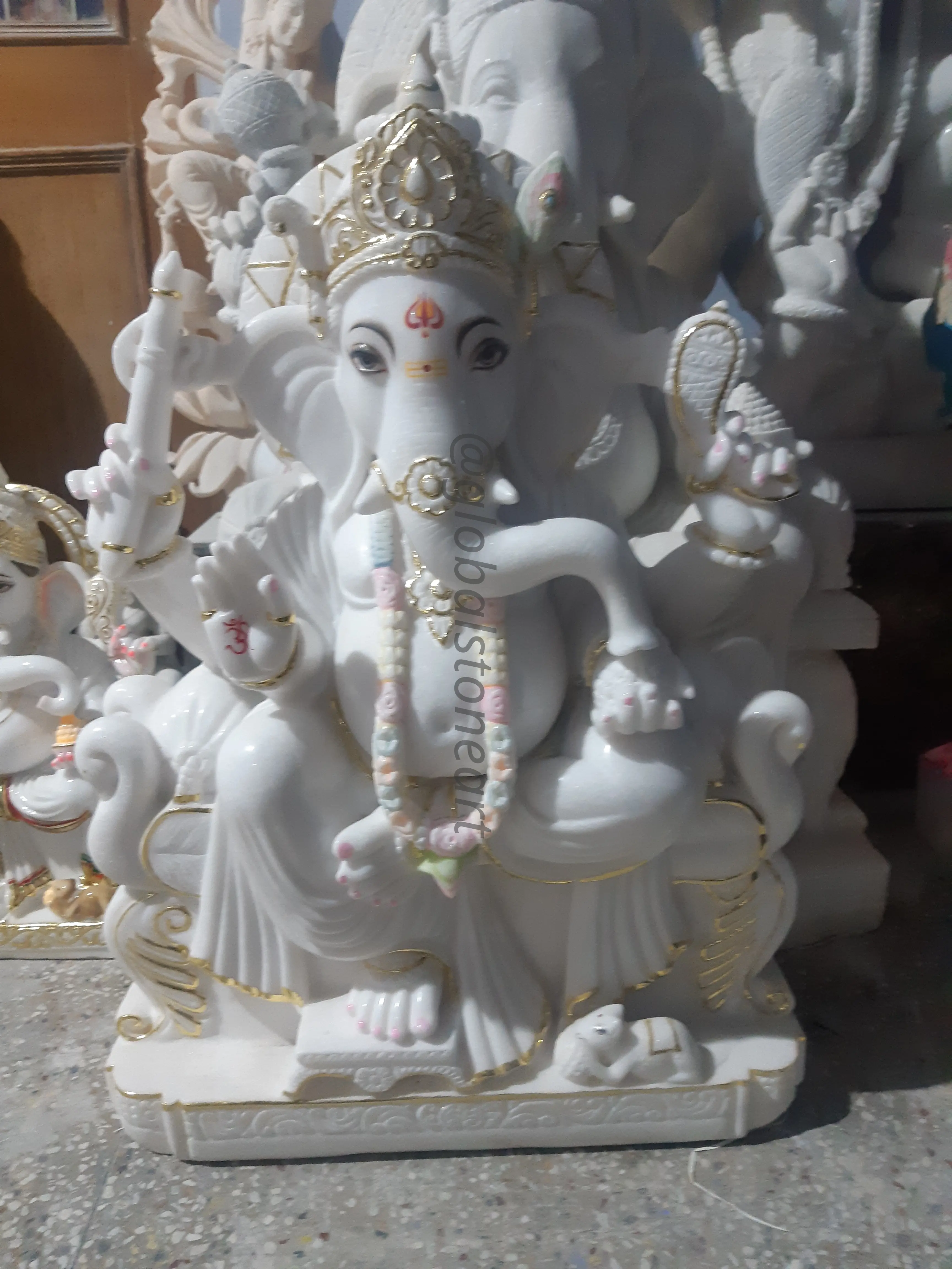 White Marble Ganesha Murti with Gold Crown for Mandir