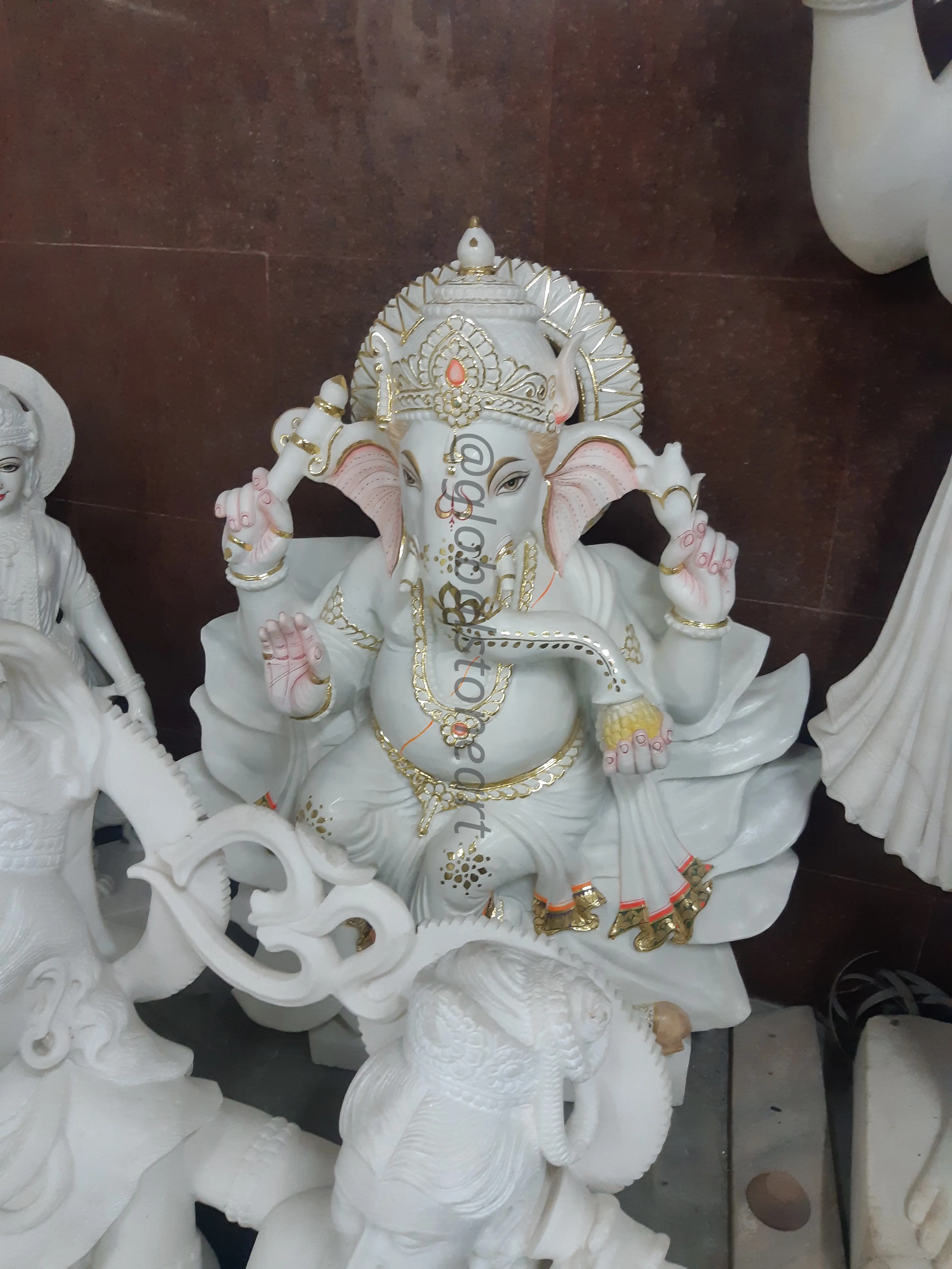 White Marble Ganesha Murti on Lotus for Mandir