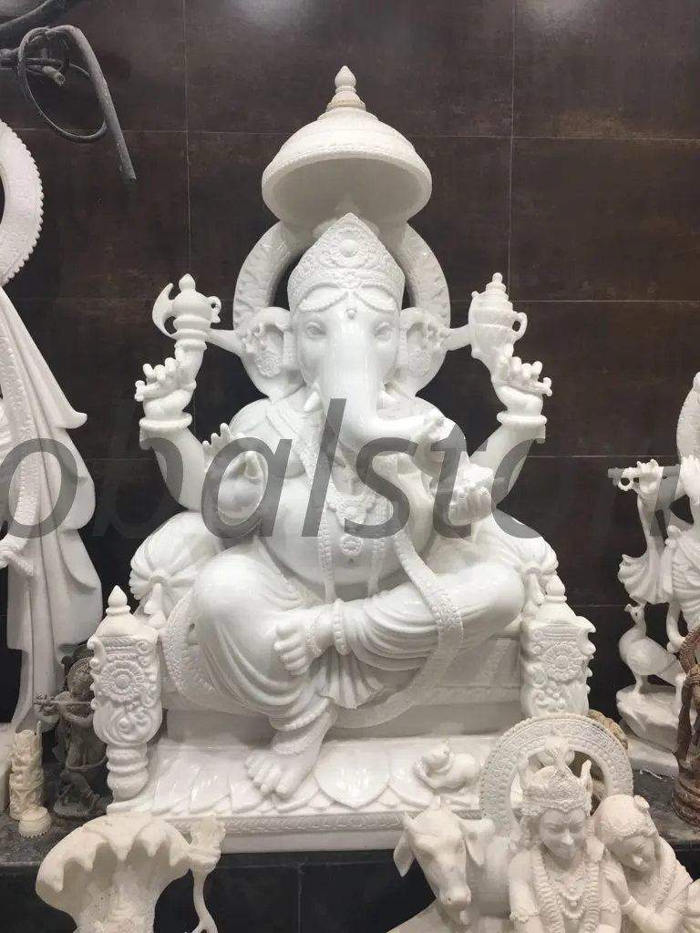 White Marble Ganesha Murti with Canopy for Temple