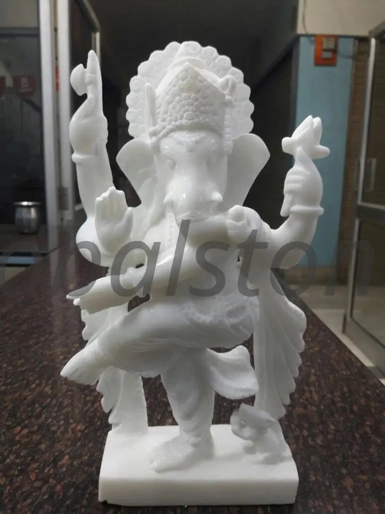 White Marble Standing Dancing Ganesha Murti for Mandir