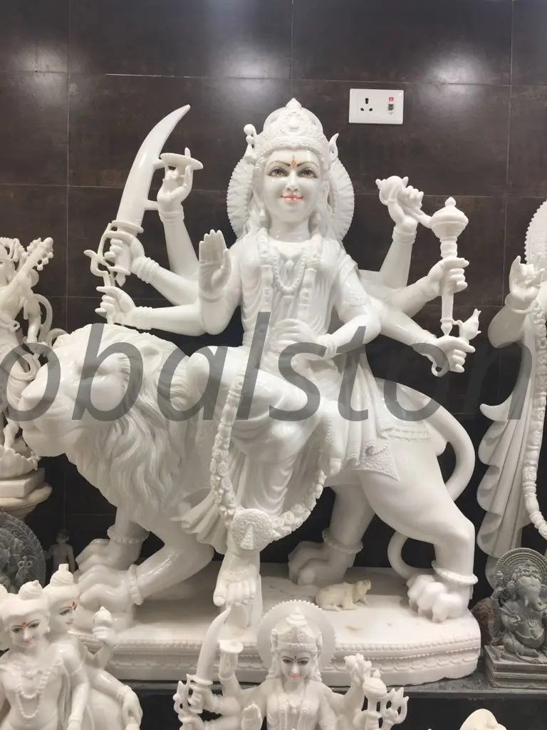 White Marble Durga Murti on Lion for Temple