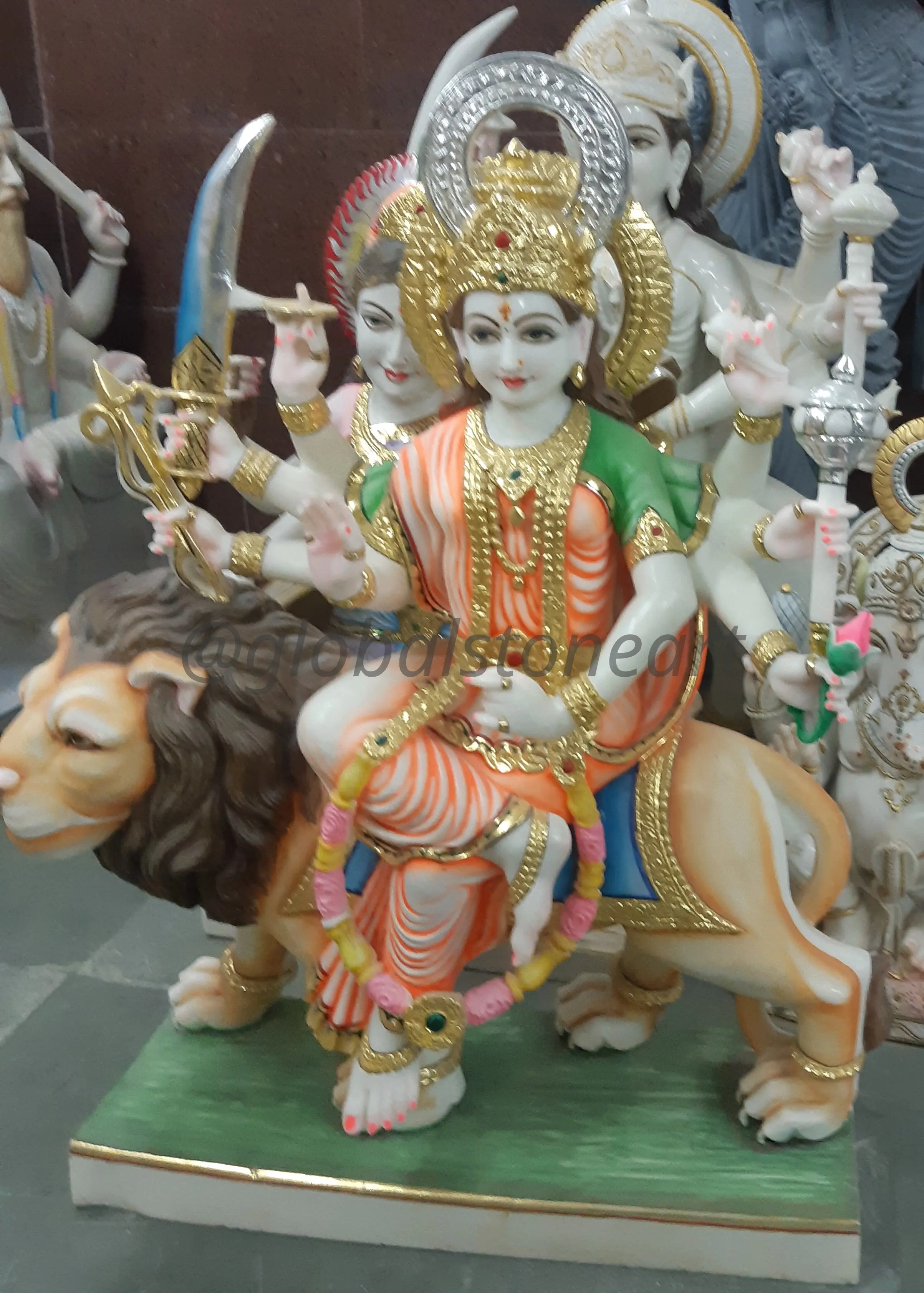 Hand-Painted Marble Durga Murti on Lion for Pooja Room