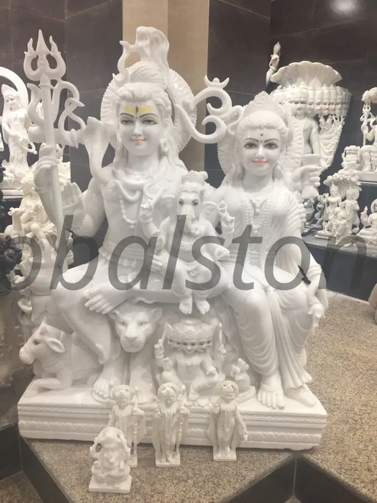 White Marble Shiv Parvati Murti with Nandi for Mandir