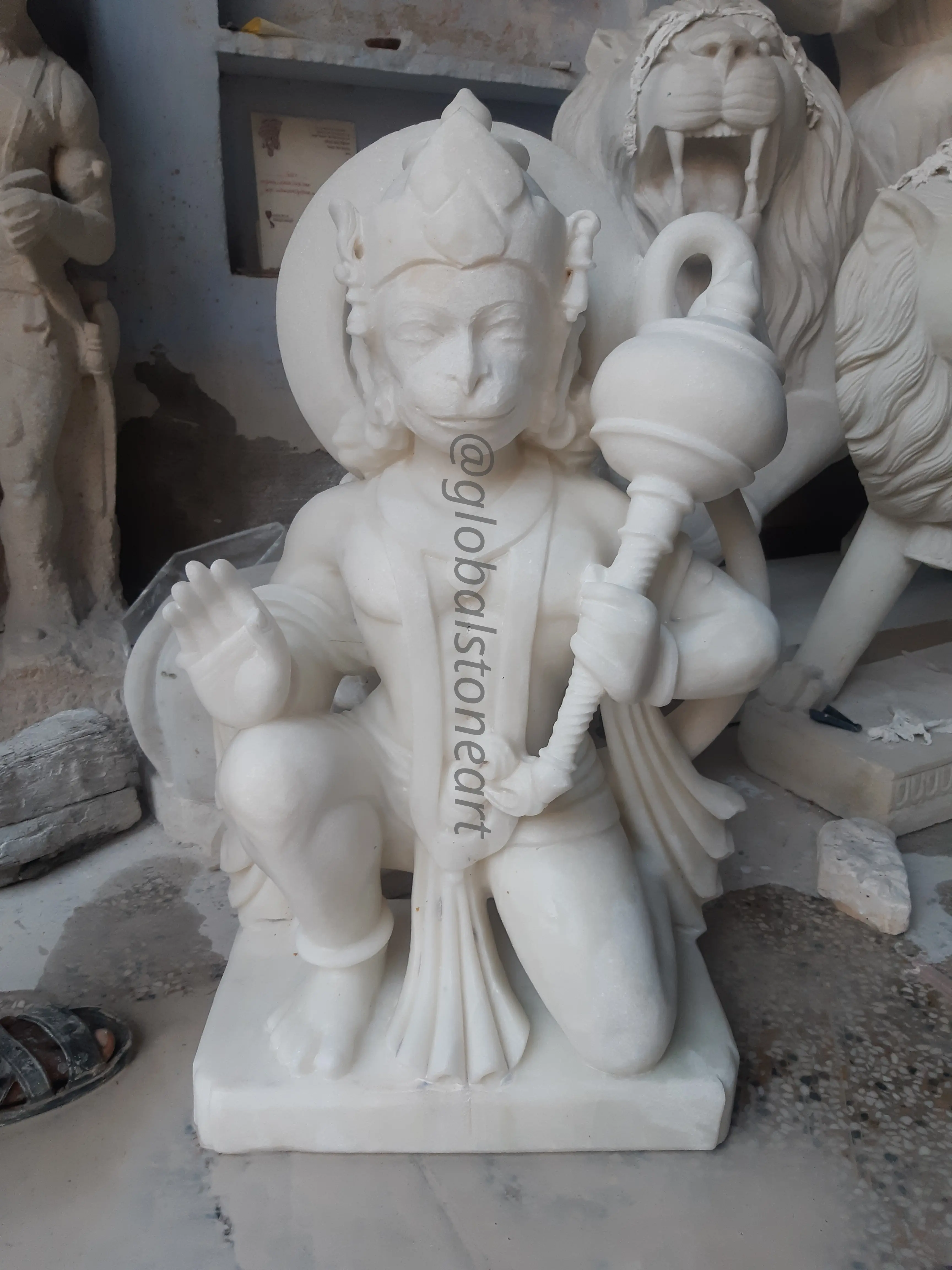 White Marble Hanuman Murti Kneeling with Gada for Temple