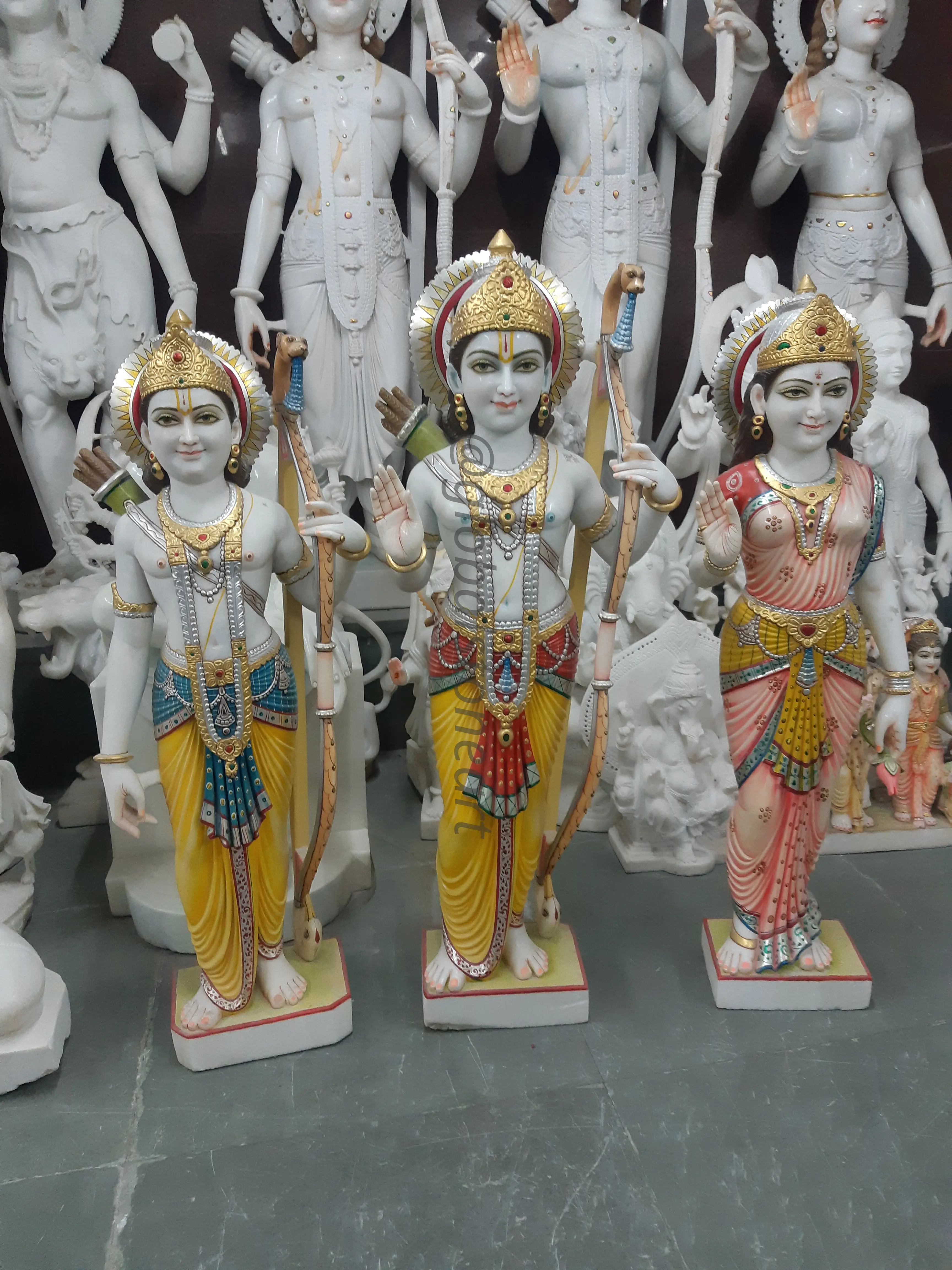 Hand-Painted Marble Ram Darbar Murti Set for Temple