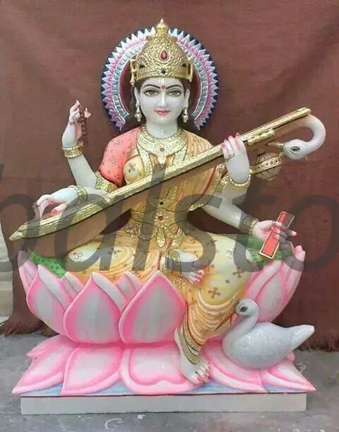 Hand-Painted Marble Saraswati Murti on Lotus for Pooja Room