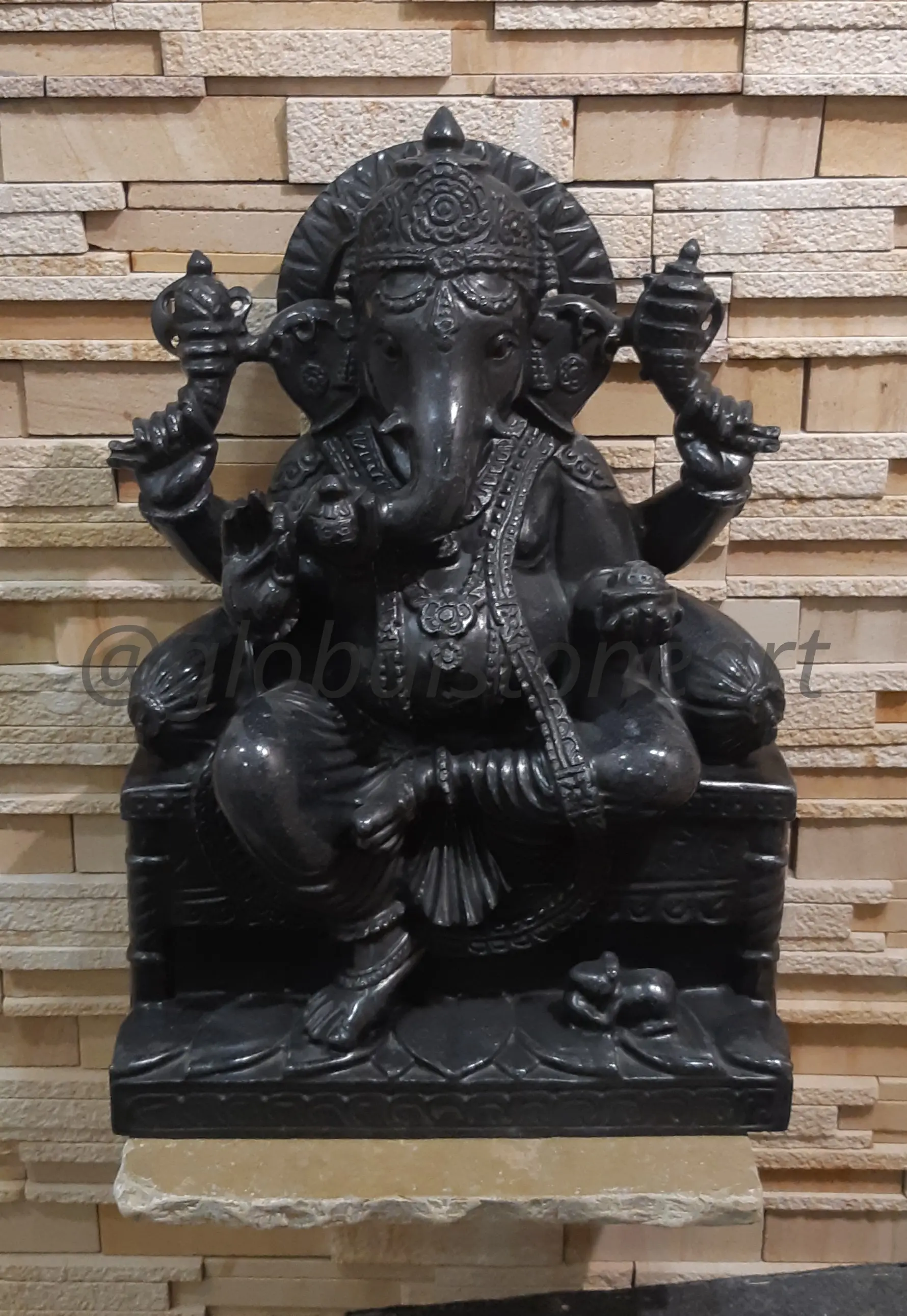 Black Granite Ganesha Murti Seated on Throne for Temple