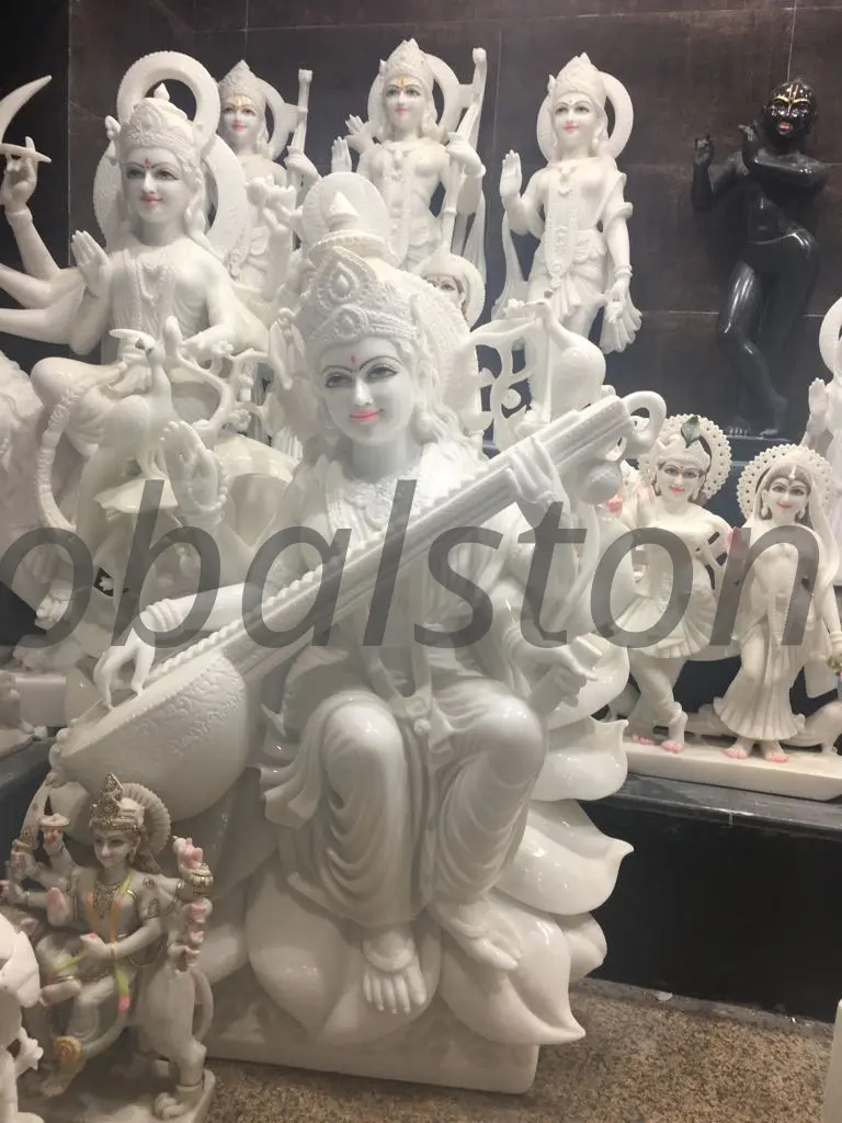 White Marble Saraswati Murti on Lotus for Temple