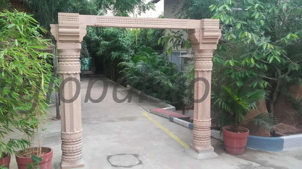 Carved Pink Sandstone Entrance Gateway Arch with Fluted Pillars