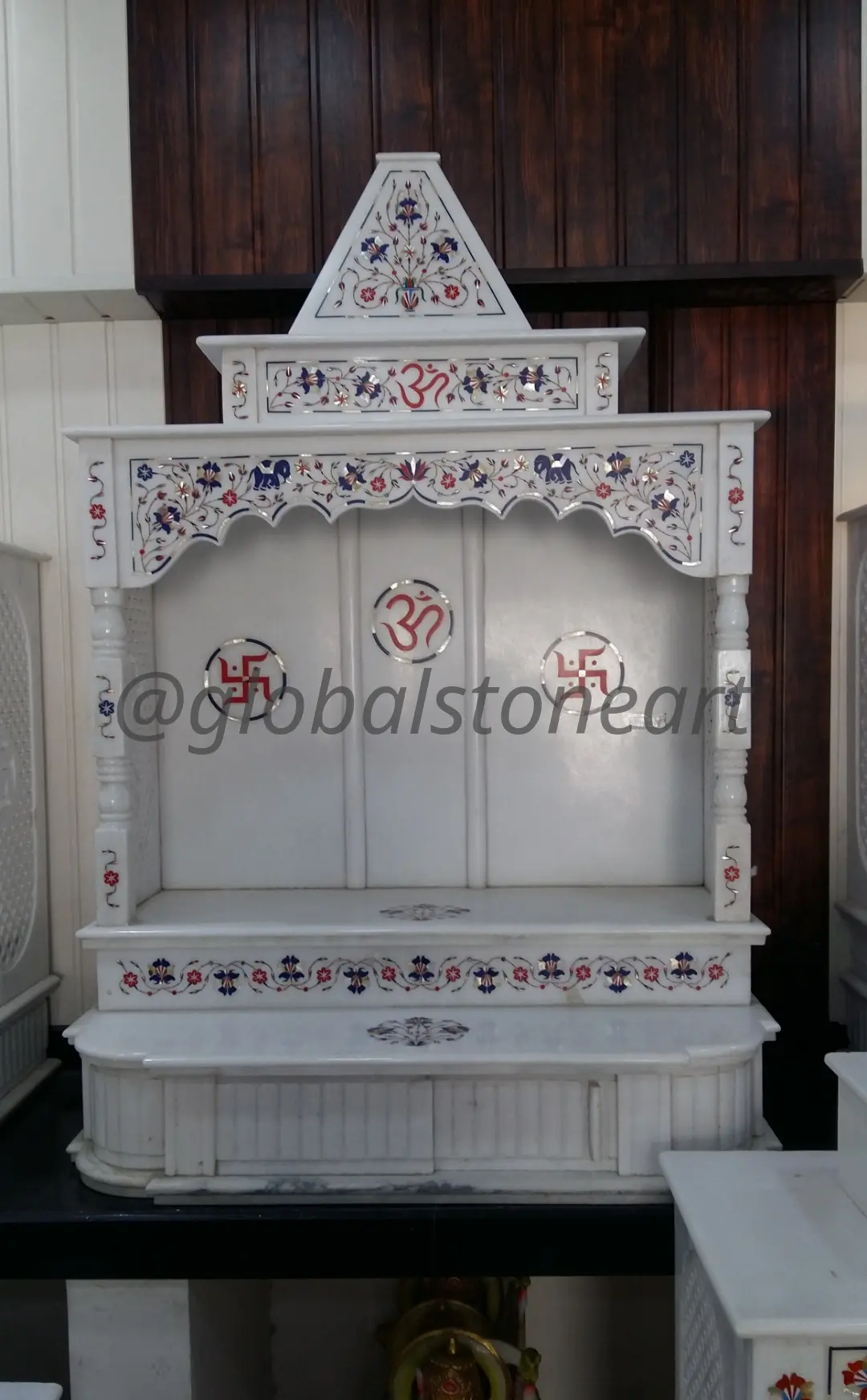White Marble Temple with Om & Swastik Inlay