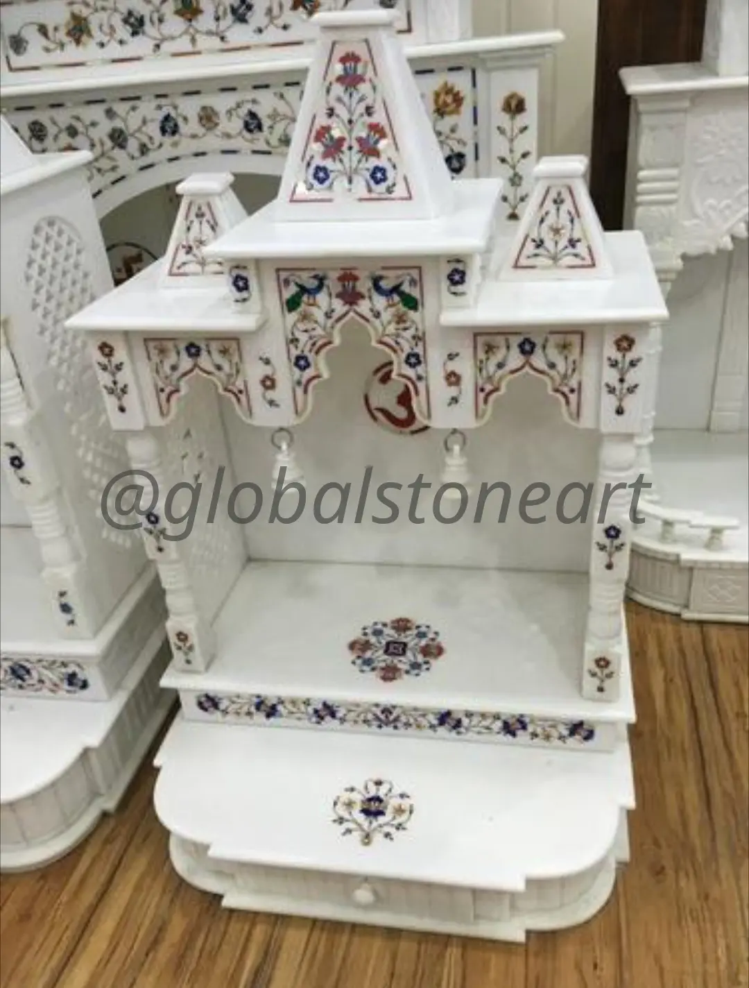 White Marble Temple with Peacock & Ganesh Inlay