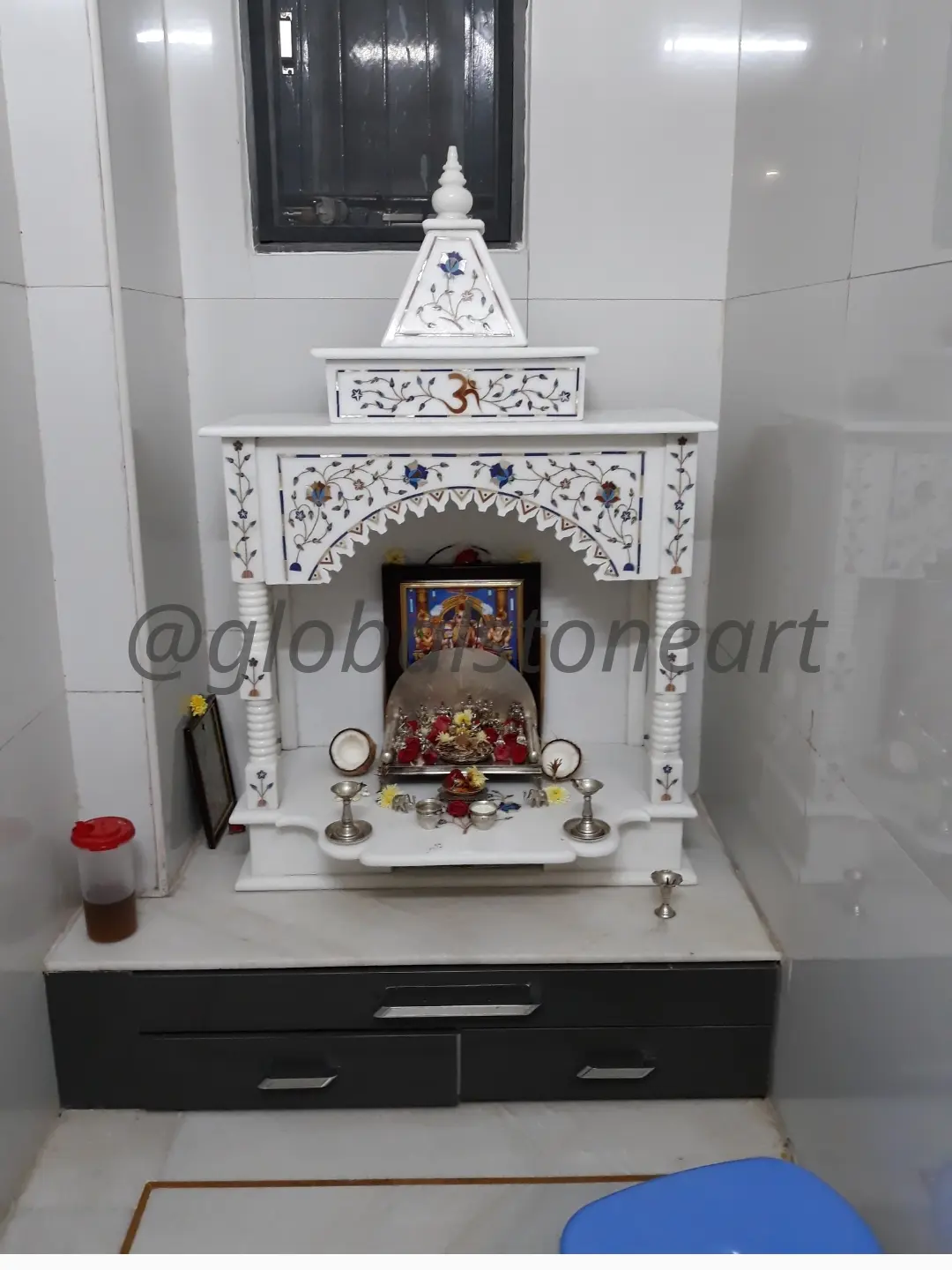 Installed White Marble Pooja Mandir with Inlay & Drawer Base