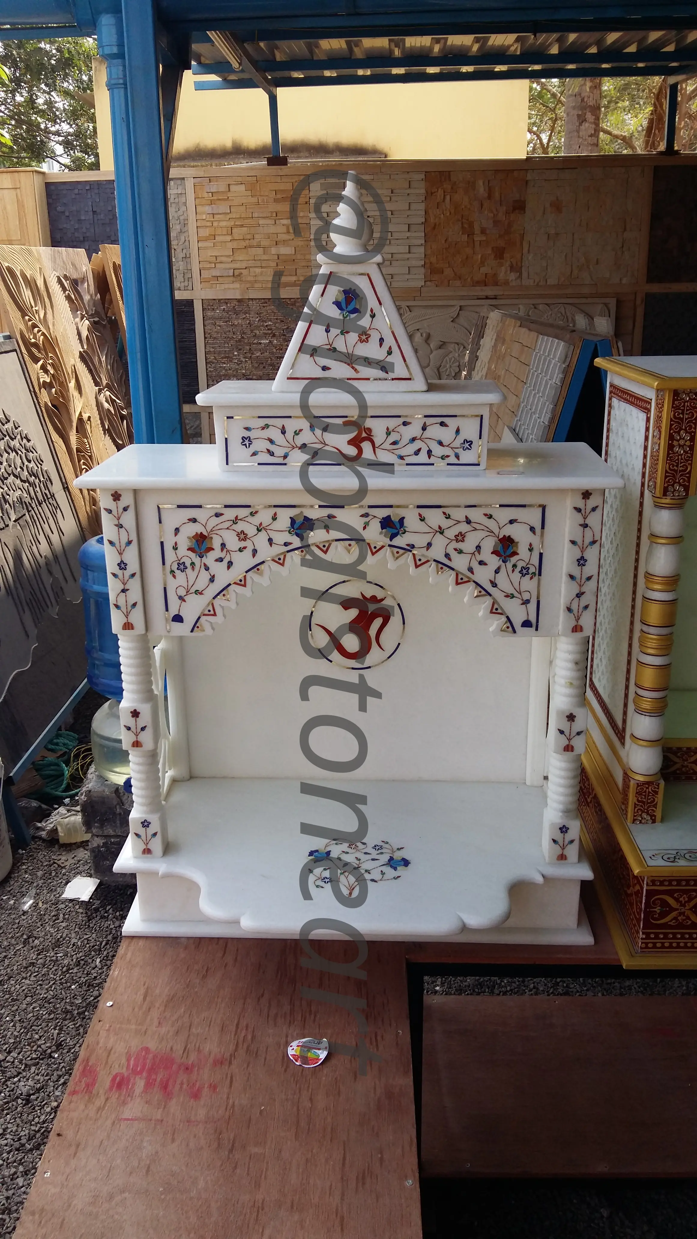 White Marble Inlay Temple with Om Carving